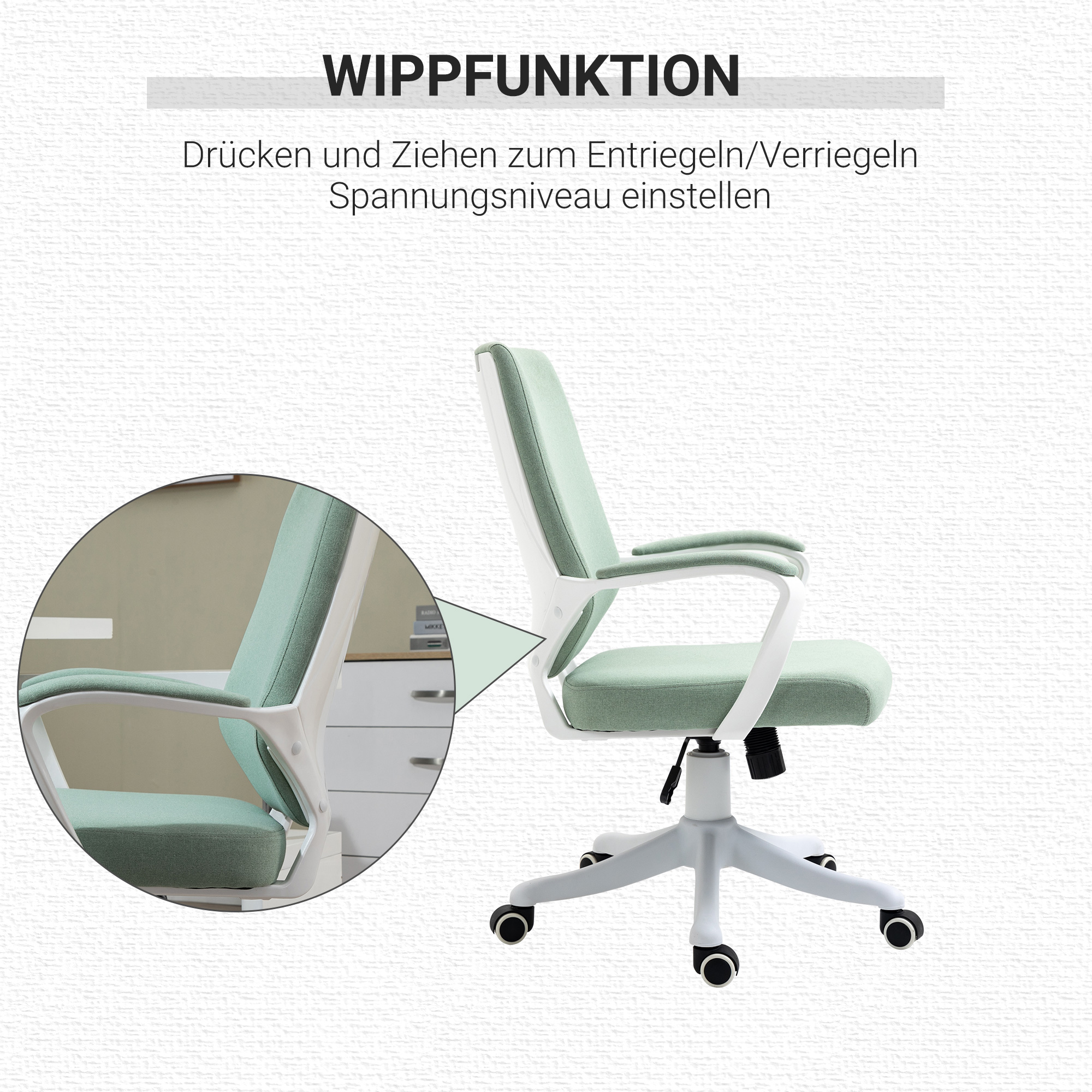 Bürostuhl Schreibtischstuhl Home-Office-Stuhl mit Wippenfunktion Rückenlehne höhenverstellbarer dick gepolstert ergonomisch 360°-Drehräder Polyester Nylon PP Grün+Weiß 62x69x92-100 cm