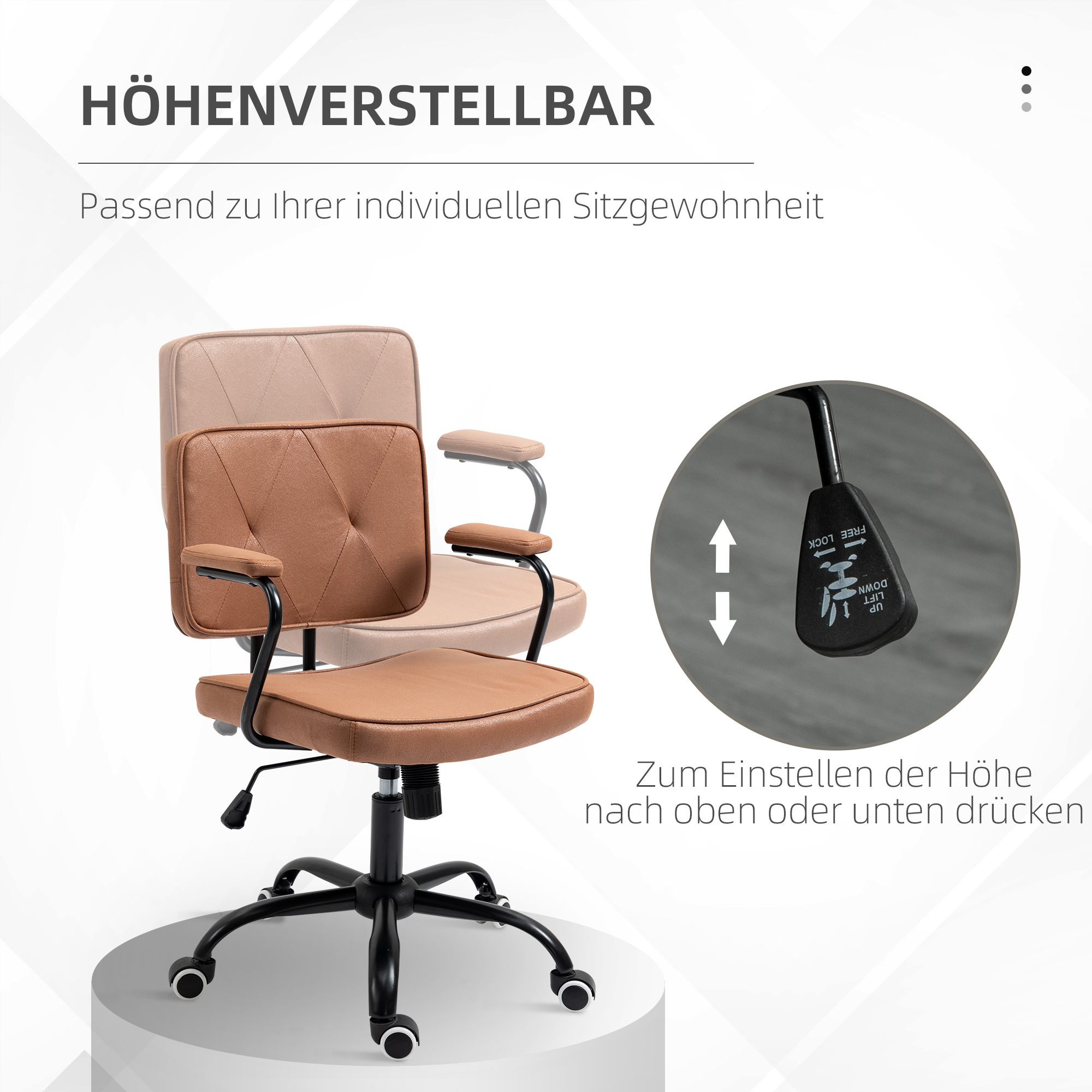 Bürostuhl mit Rollen Drehstuhl Schreibtischstuhl für Büro höhenverstellbar mit Wippfunktion 360°-Drehung neigbar Schaumstoff Braun 61 x 58 x 82-91 cm