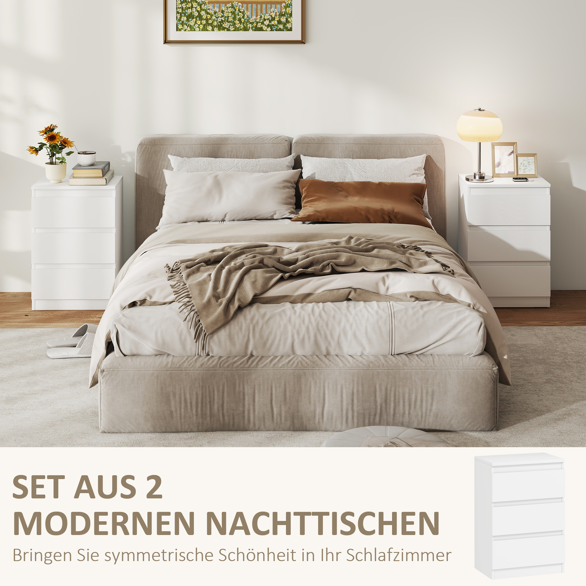 Nachttisch, 2er Set Beistelltisch mit 3 Schubladen, Nachtschrank, Nachtkommode für Schlafzimmer, Wohnzimmer, 40 x 30 x 59,5 cm, Weiß