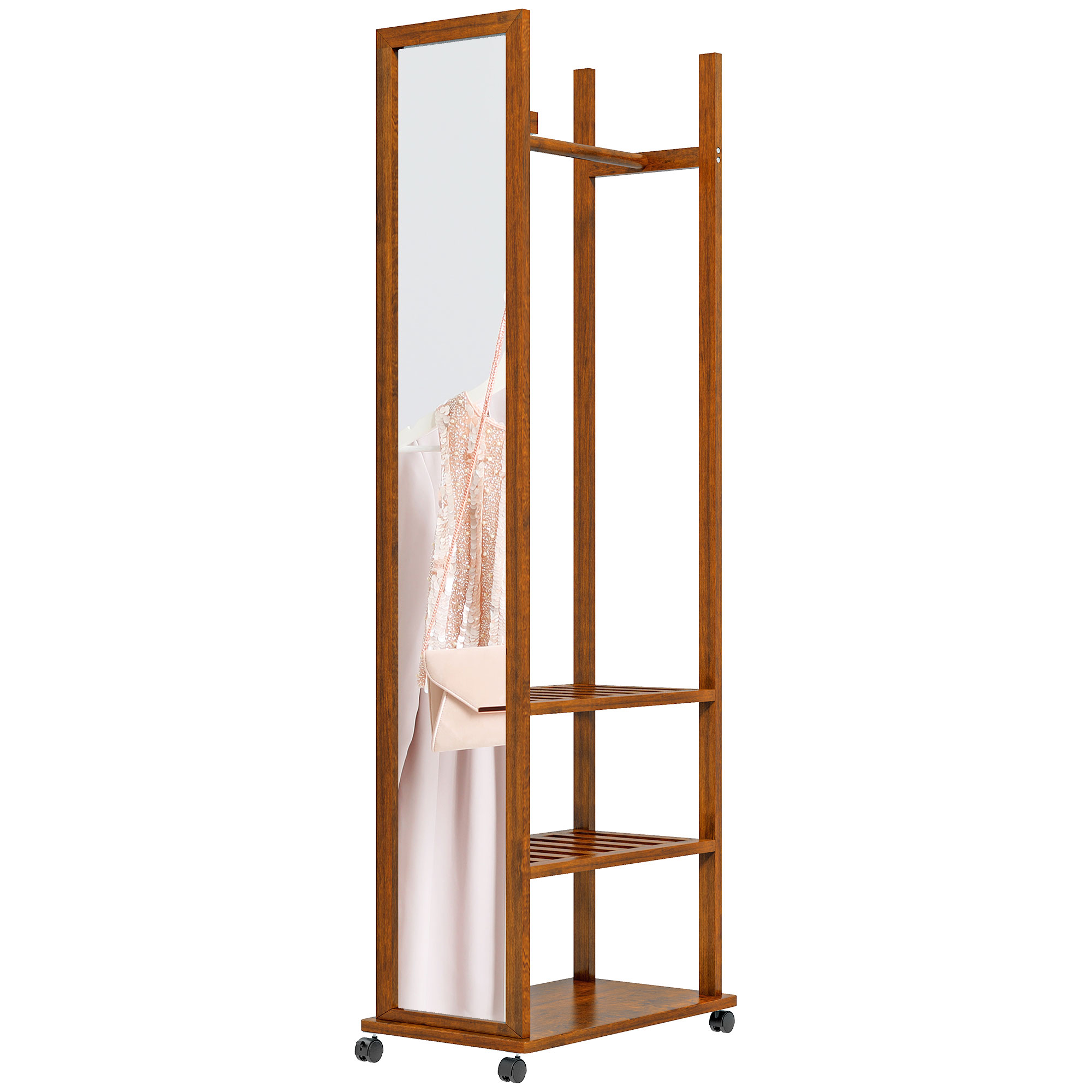 2-in-1-Spiegel Spiegel Ganzkörperspiegel Garderobe, 1 Kleiderstange, 3 Regale, 35,8 x 59,8 x 170 cm, Natur