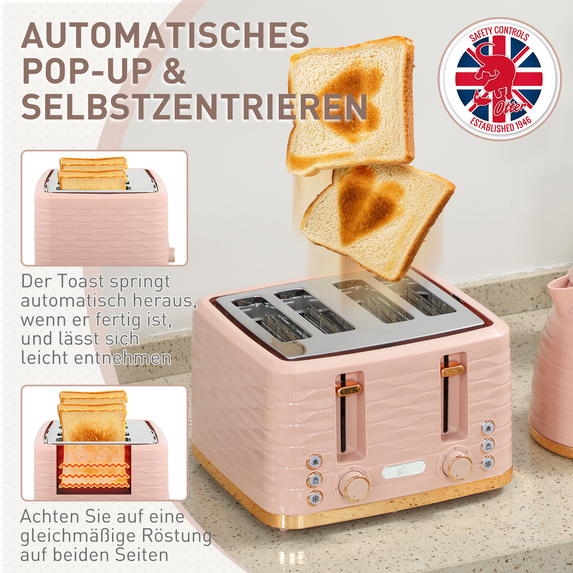 2-in-1 Toaster- und Wasserkocher-Set, 7 Bräunungsstufen, Auftau- und Aufwärmfunktion, Rosa