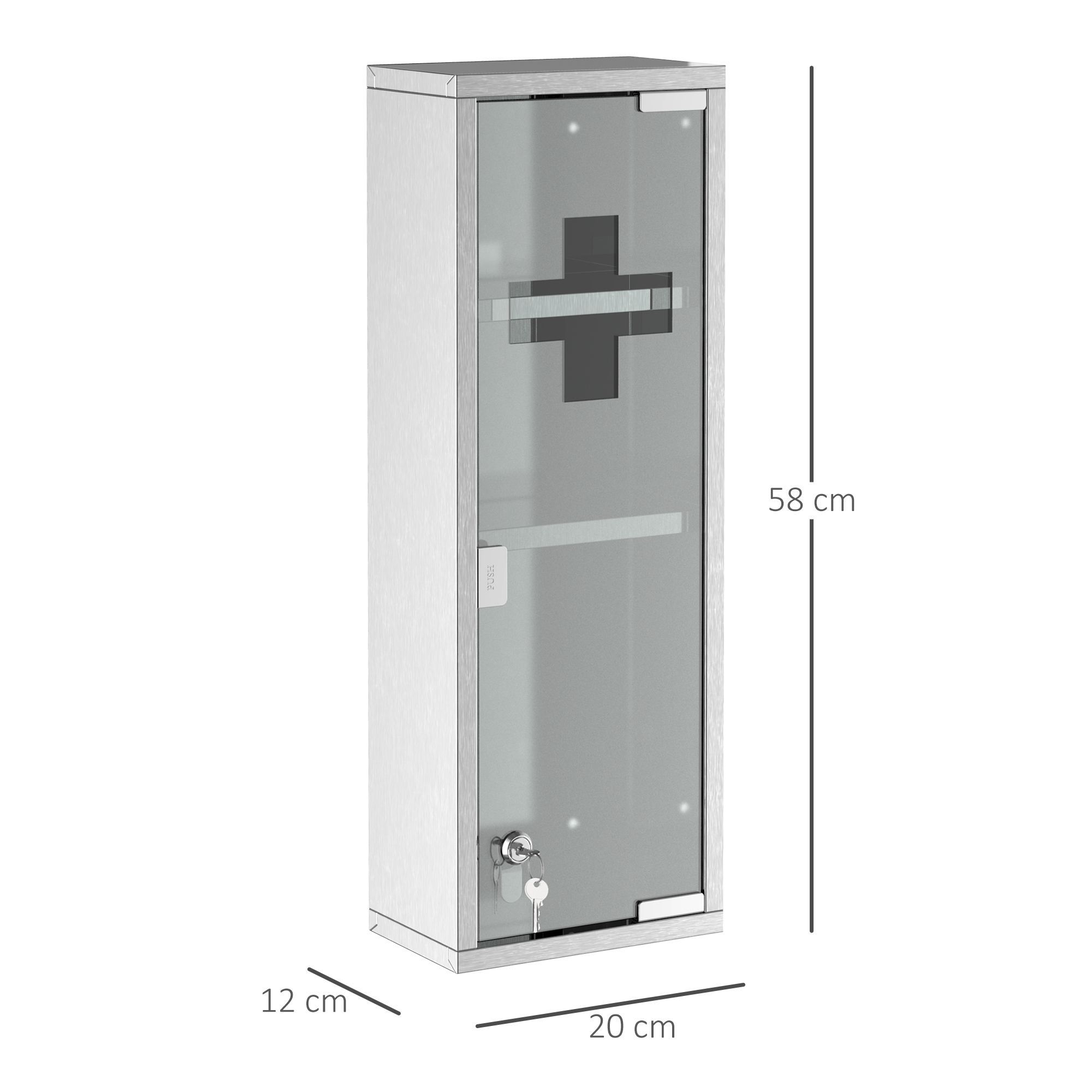 Medizinschrank aus Edelstahl und gehärtete Glastür Arzneischrank zur Medikamenten-Aufbewahrung, Abschließbar Medikamentenschrank mit 3 Fächern, Erste Hilfe Schrank, 20 x 12 x 58 cm, Silber