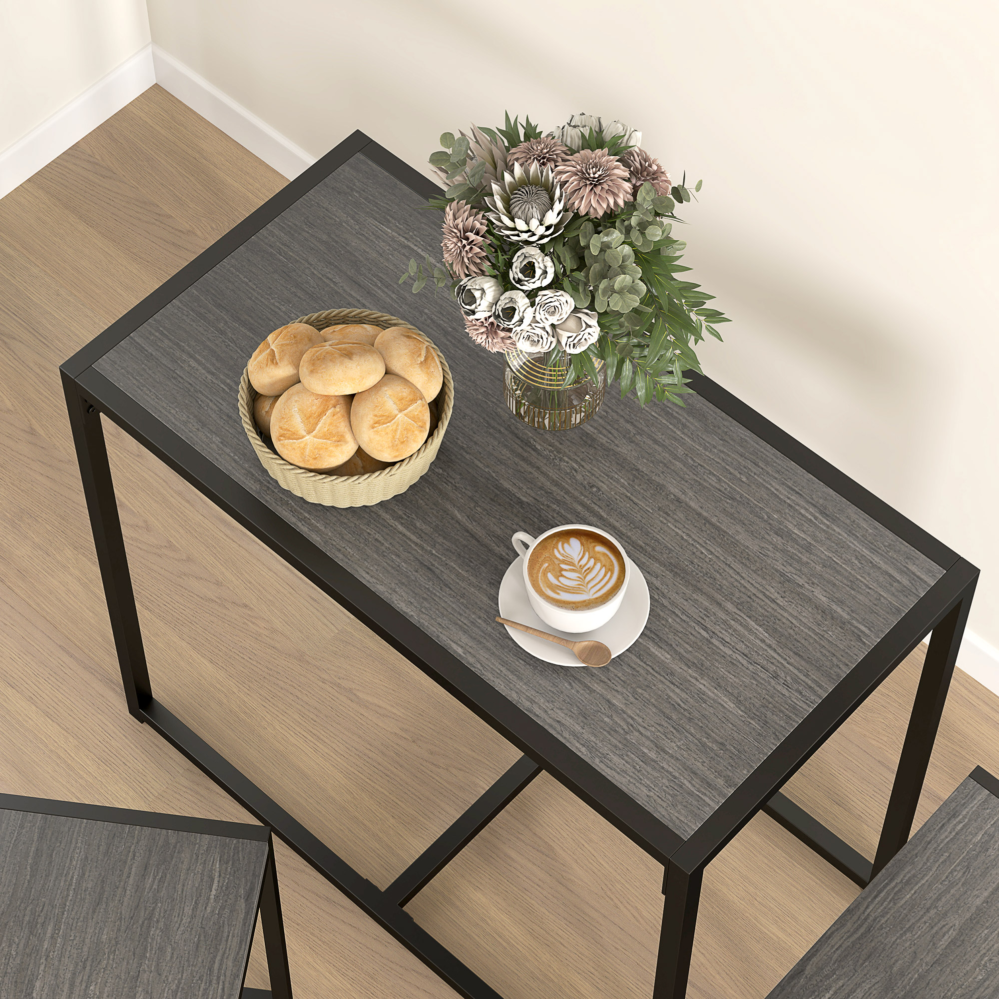3-teiliges Bartisch-Set Hochtisch-Set 3-teilig, 2 Stühle, 1 Tisch, 90 cm x 47 cm x 76  cm, Grau