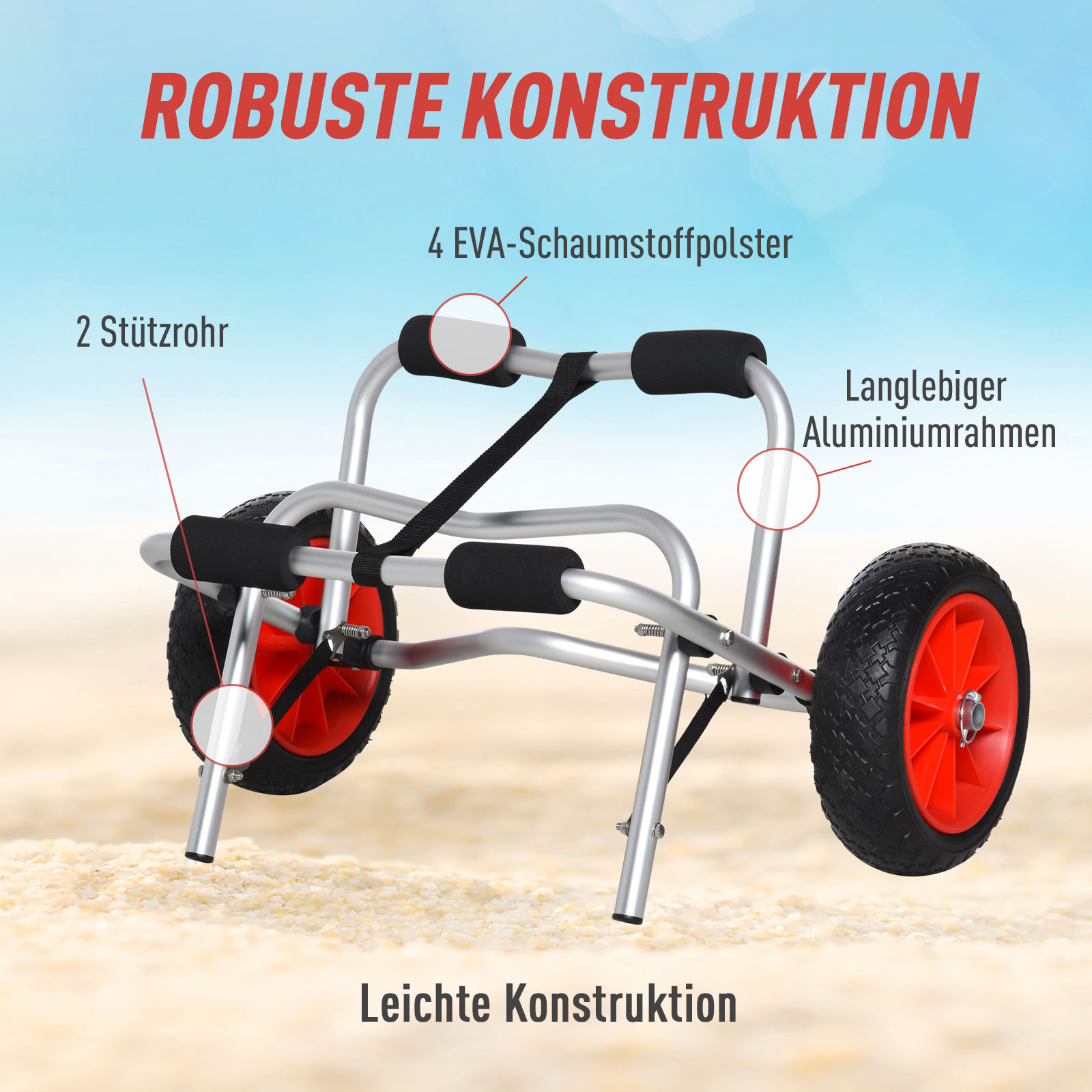 Alu Kanuwagen Kajakwagen Surfwagen klappbar mit Gurt Kunstleder-Räder Silber bis 75 kg 68 x 44,5 x 40 cm