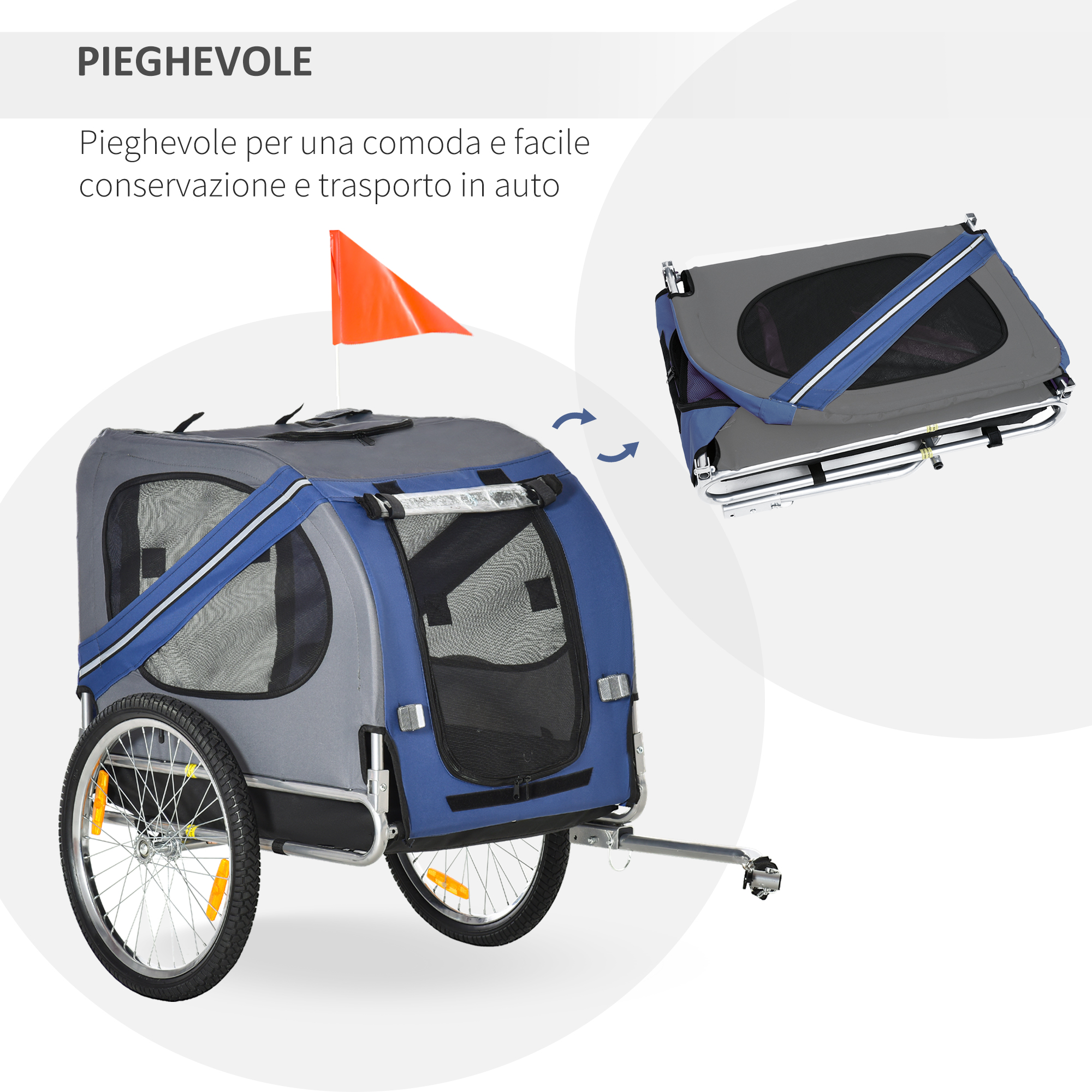 2-in-1 Haustieranhänger Fahrradanhänger bis 20kg klappbar Regenschutz Sicherheitsfahne Reflektoren Stahl grau+blau 130 x 73 x 90cm