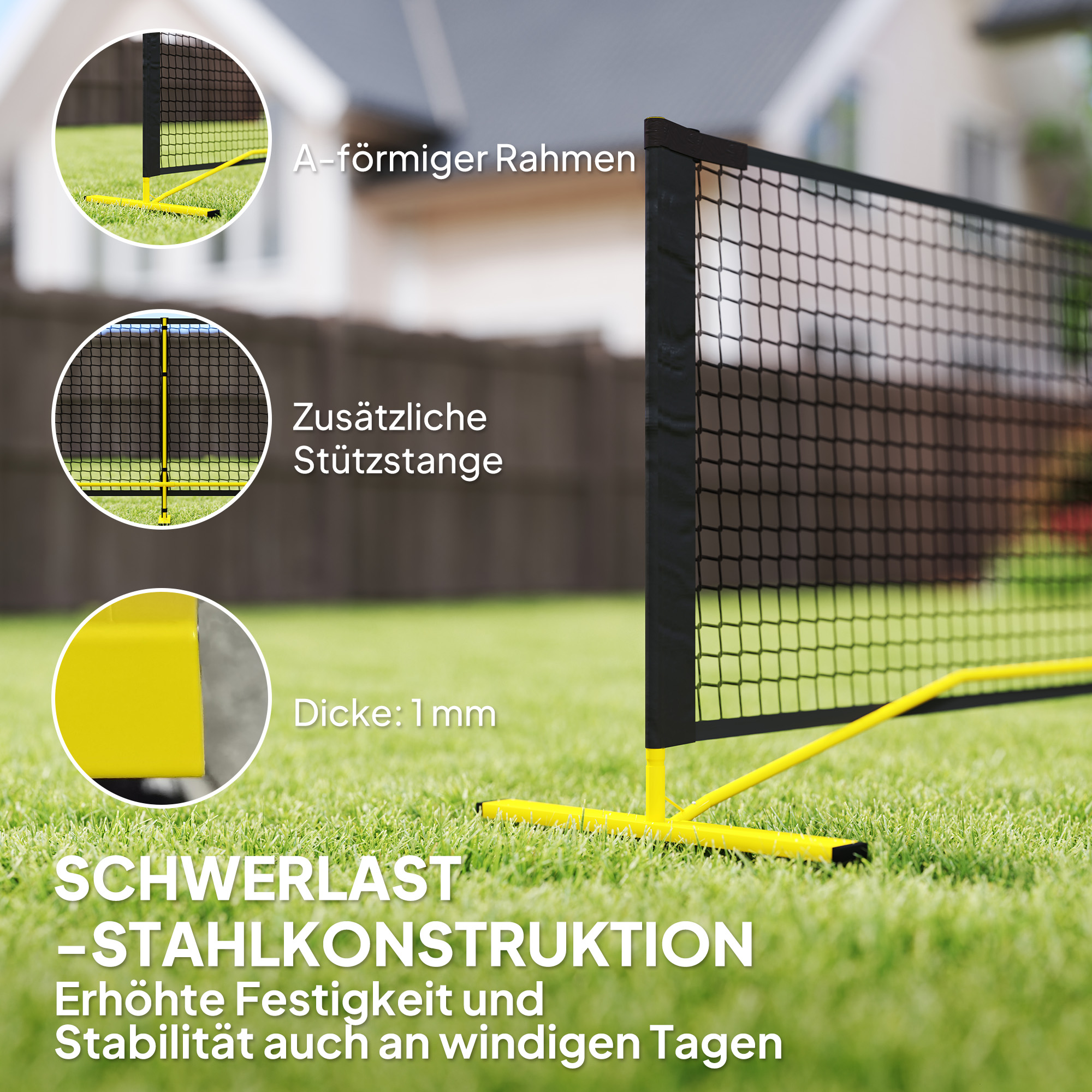 Pickleball-Netz, tragbar, Metallgestell, Stoffnetz, mit Tragetasche, Gelb