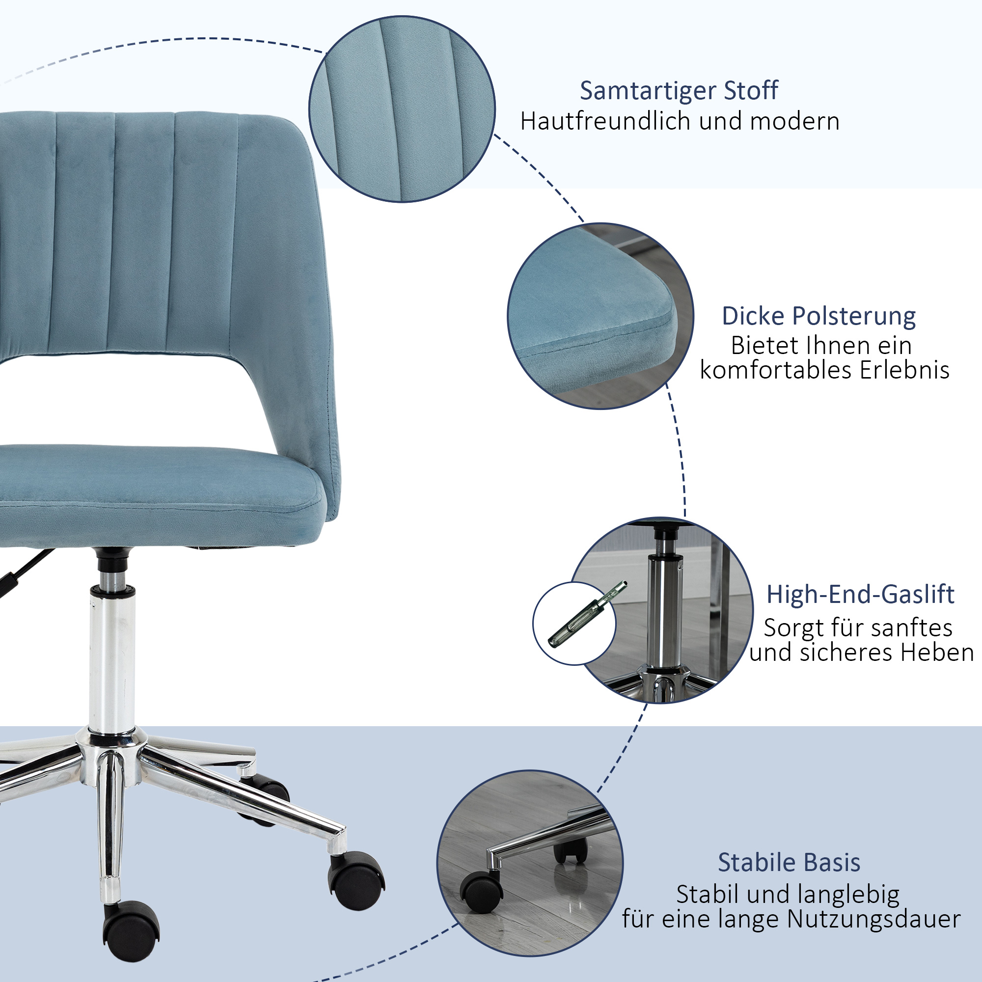 Schreibtischstuhl, Höhenverstellbar Homeoffice Stuhl ohne Armlehne, drehbar Bürostuhl mit Samtoptik, Ergonomisch Schminkstuhl für Schlafzimmer, Arbeitszimmer, Blau