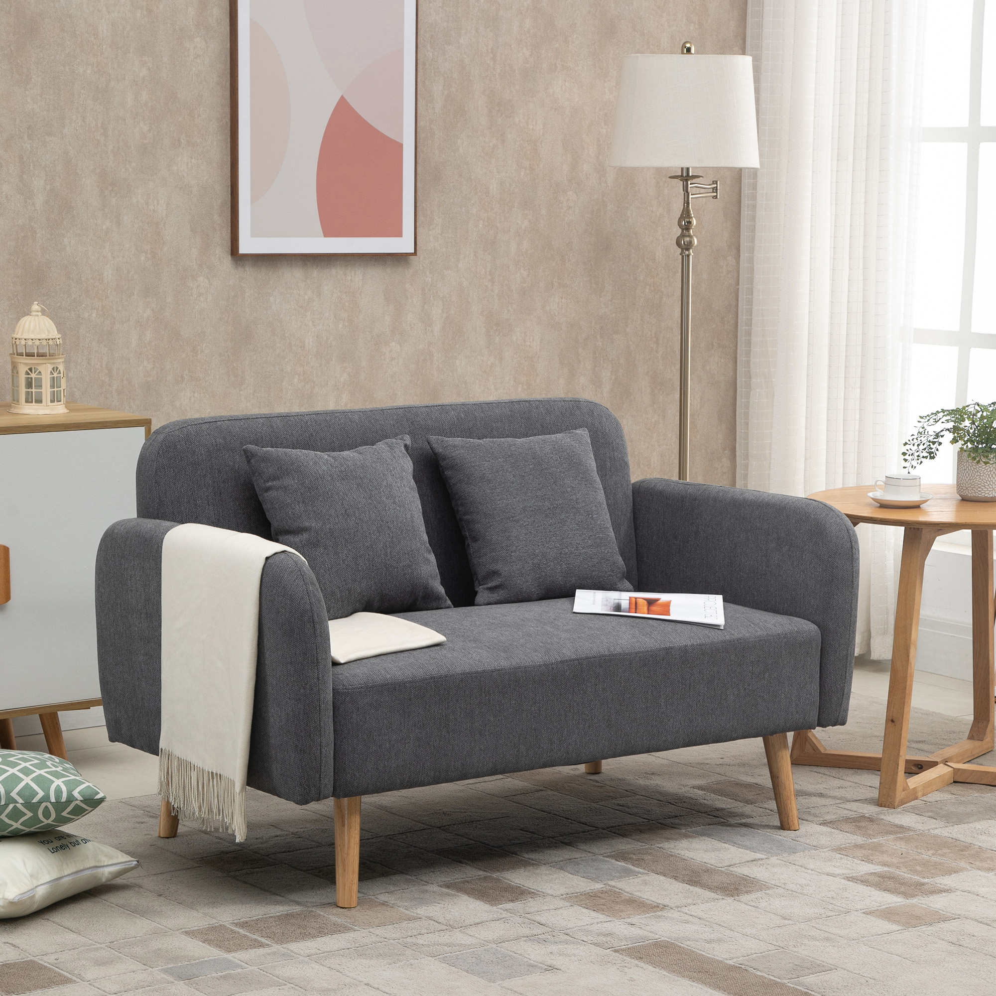 2 Sitzer Sofa, Couch mit 2 Wurfkissen, gepolsterter Doppelsofa, Polstersofa mit Samtopik, Armlehne, Loveseat für Wohnzimmer, Schlafzimmer,  130 x 70 x 80 cm, Grau