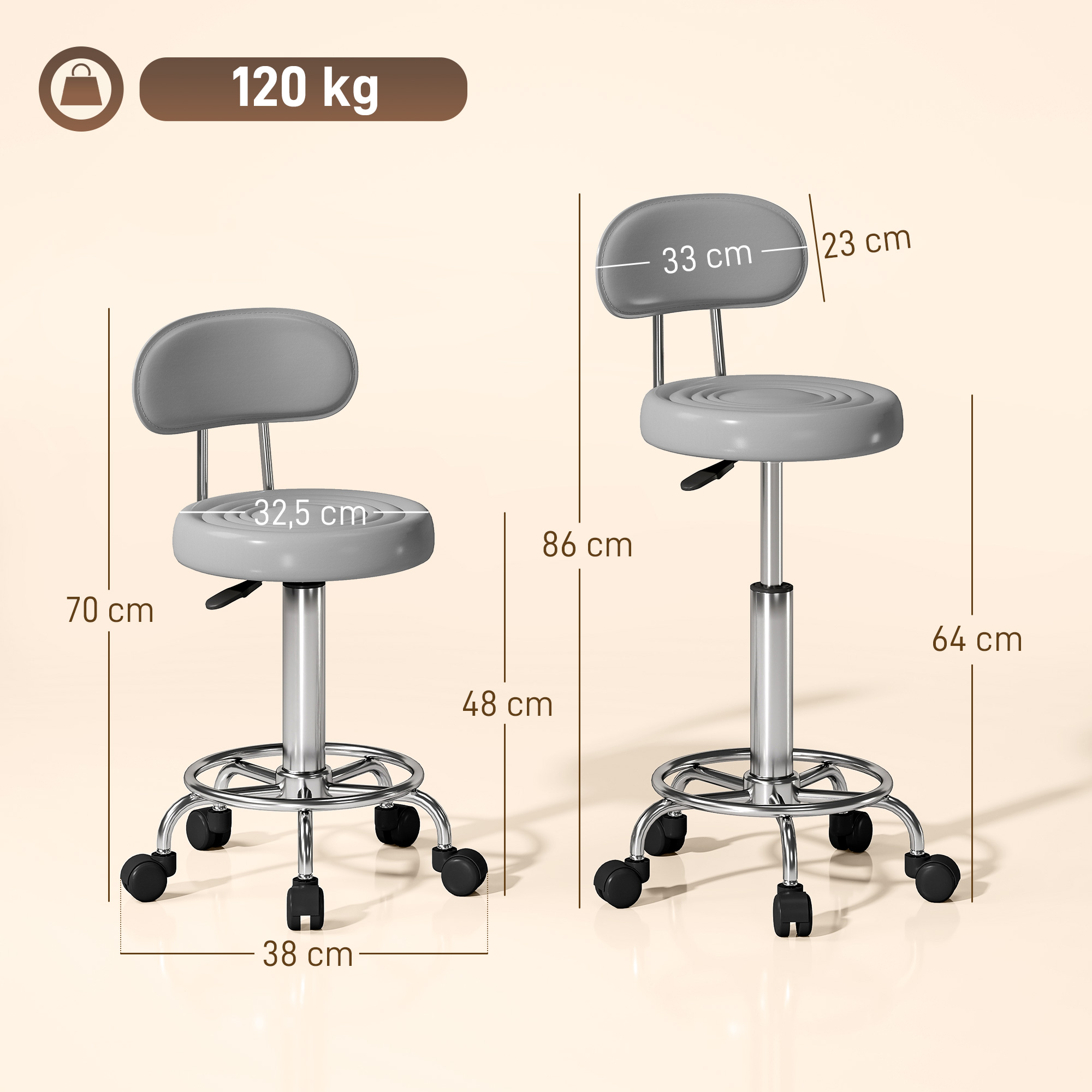 Rollhocker, Drehbarer und verstellbarer Hocker mit Rückenlehne, Kunstlederbezug, Fußstütze, für Frisiertische, Grau