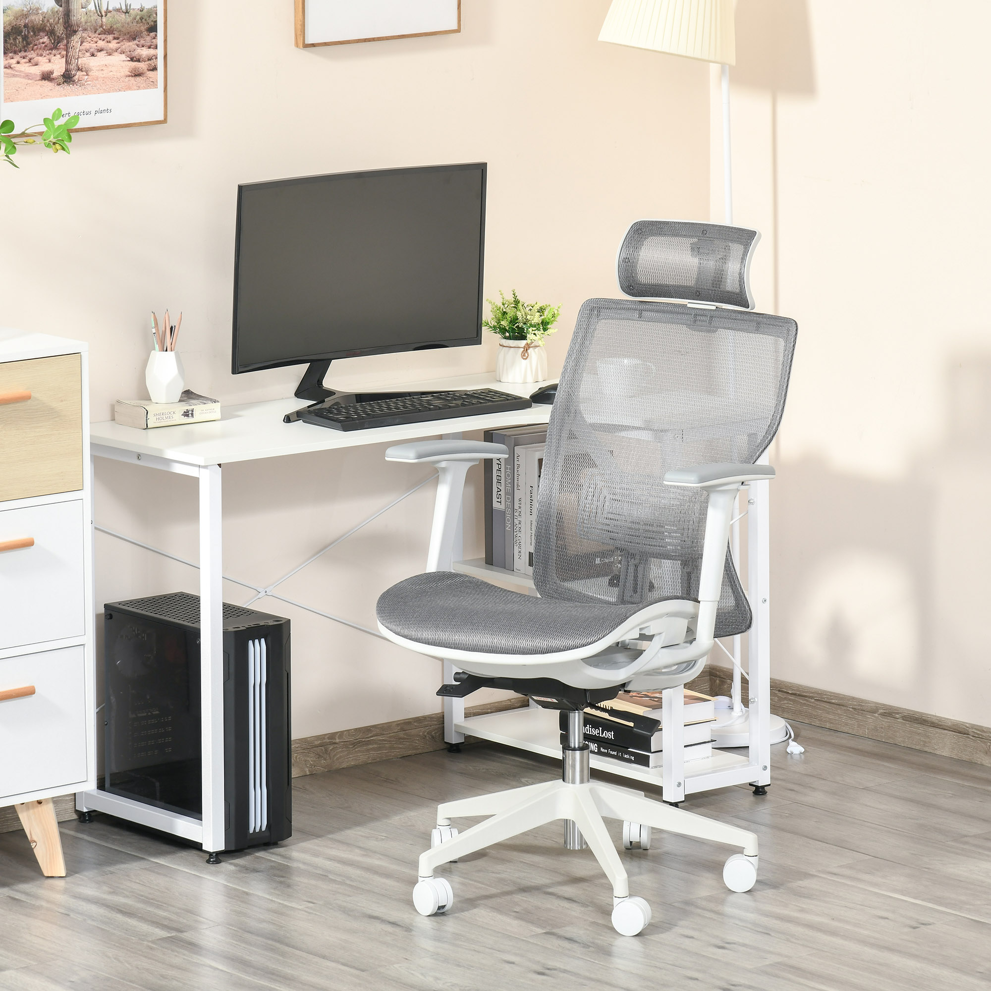 Bürostuhl Schreibtischstuhl Drehstuhl Gamingstuhl mit Kopflehne Lendenkissen 3D-Armlehne 3 Stufen 360°-Drehräder höhenverstellbar ergonomisch Mesh-Stoff Schaumstoff Grau 67 x 65 x 120-128 cm