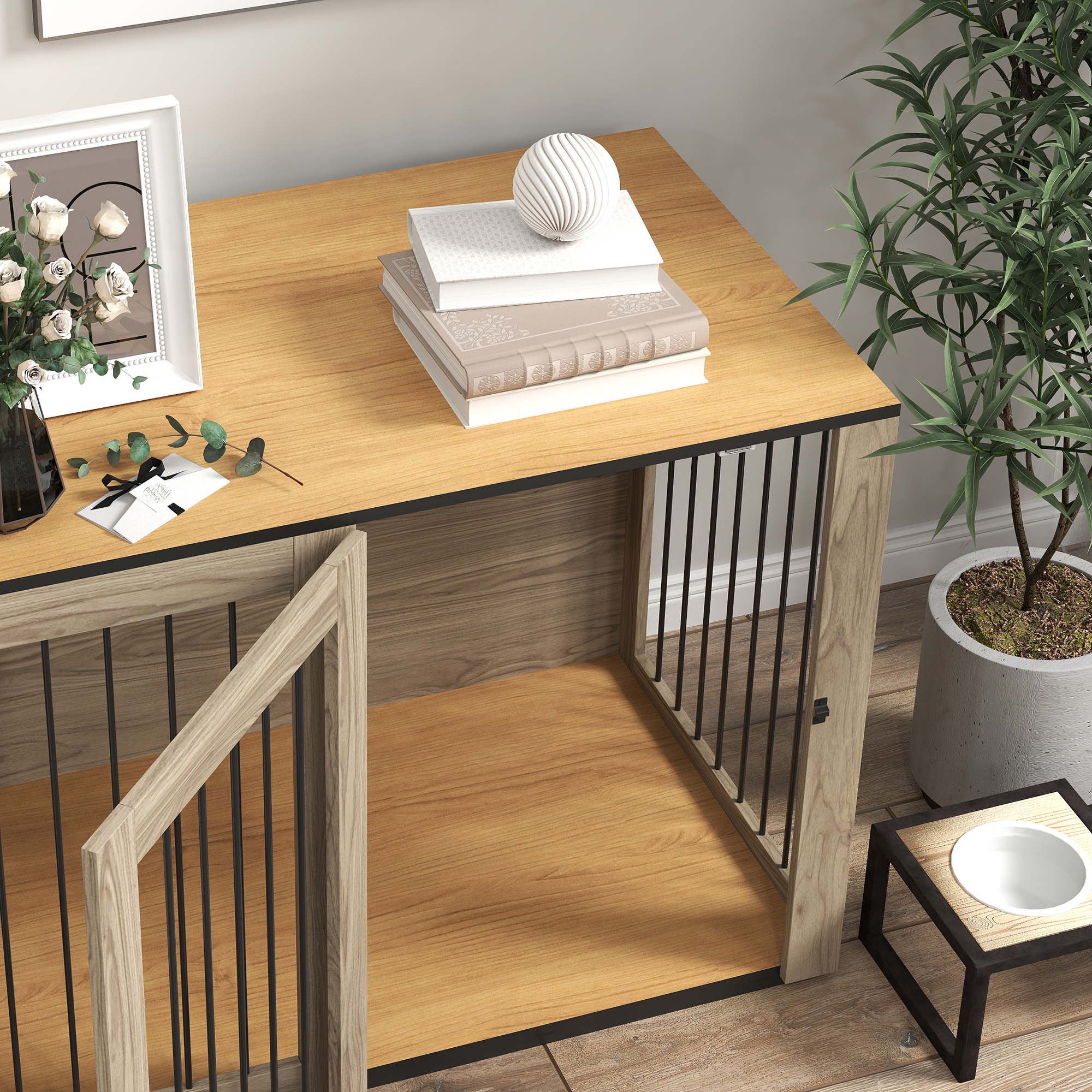 Hundebox, Haustierbox für große Hunde, Hundehütte, Indoor, 106 x 60 x 76 cm, Eiche