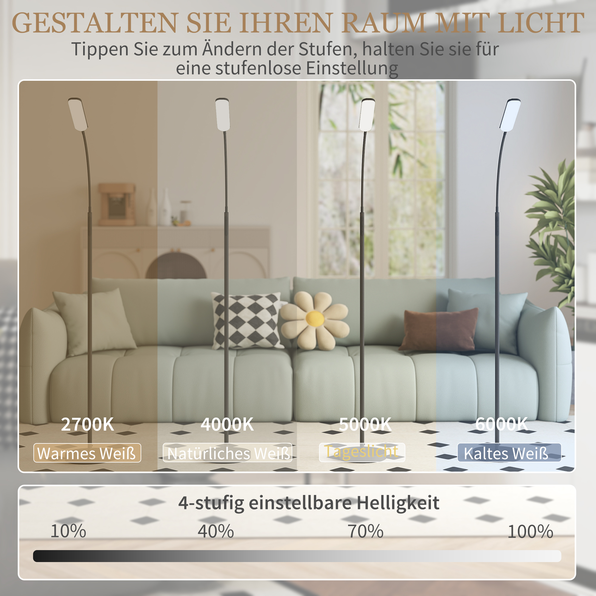 LED-Stehlampe, 5 Modi, Speicherfunktion, verstellbare Helligkeit, Stahl, Schwarz
