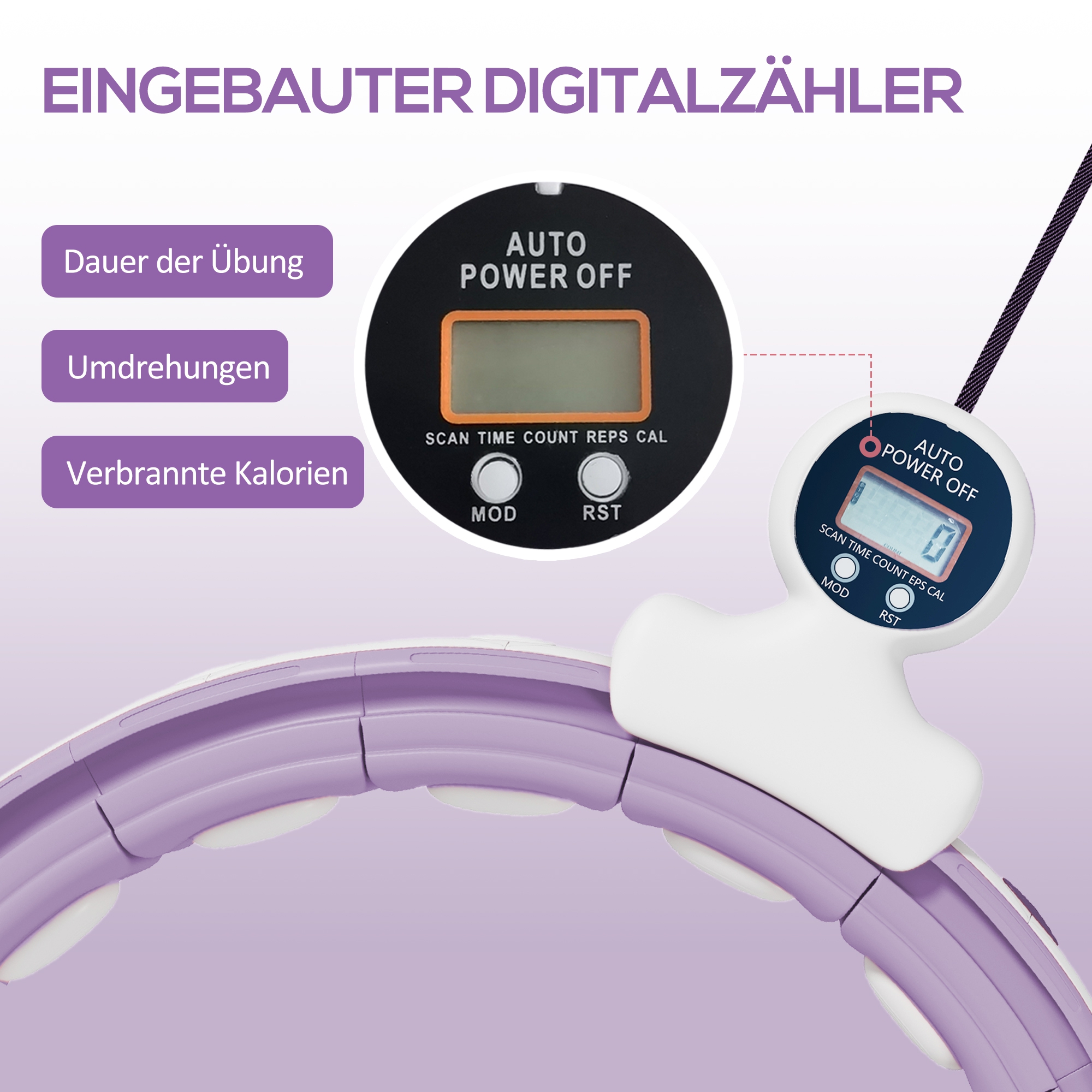 Smart Hula Hoop Reifen Erwachsene mit Gewicht Kugel Zähler 16 Knoten (76-113cm) Violett