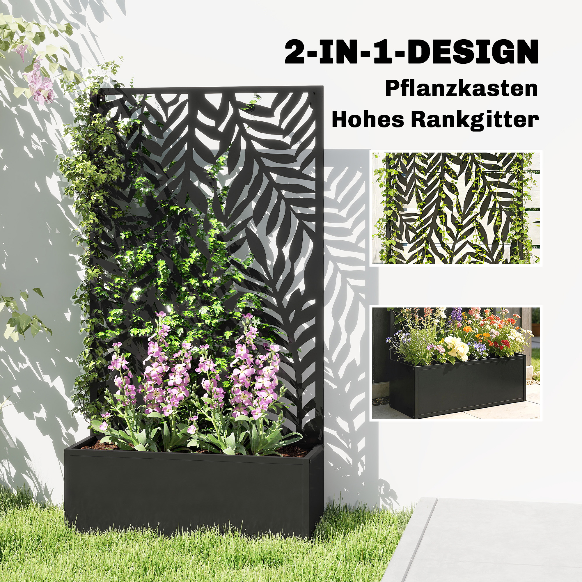 Blumenkasten mit Sichtschutz Pflanzkasten mit Rankgitter tropischen Blattmotiven 61 x 23 x 113 cm Schwarz