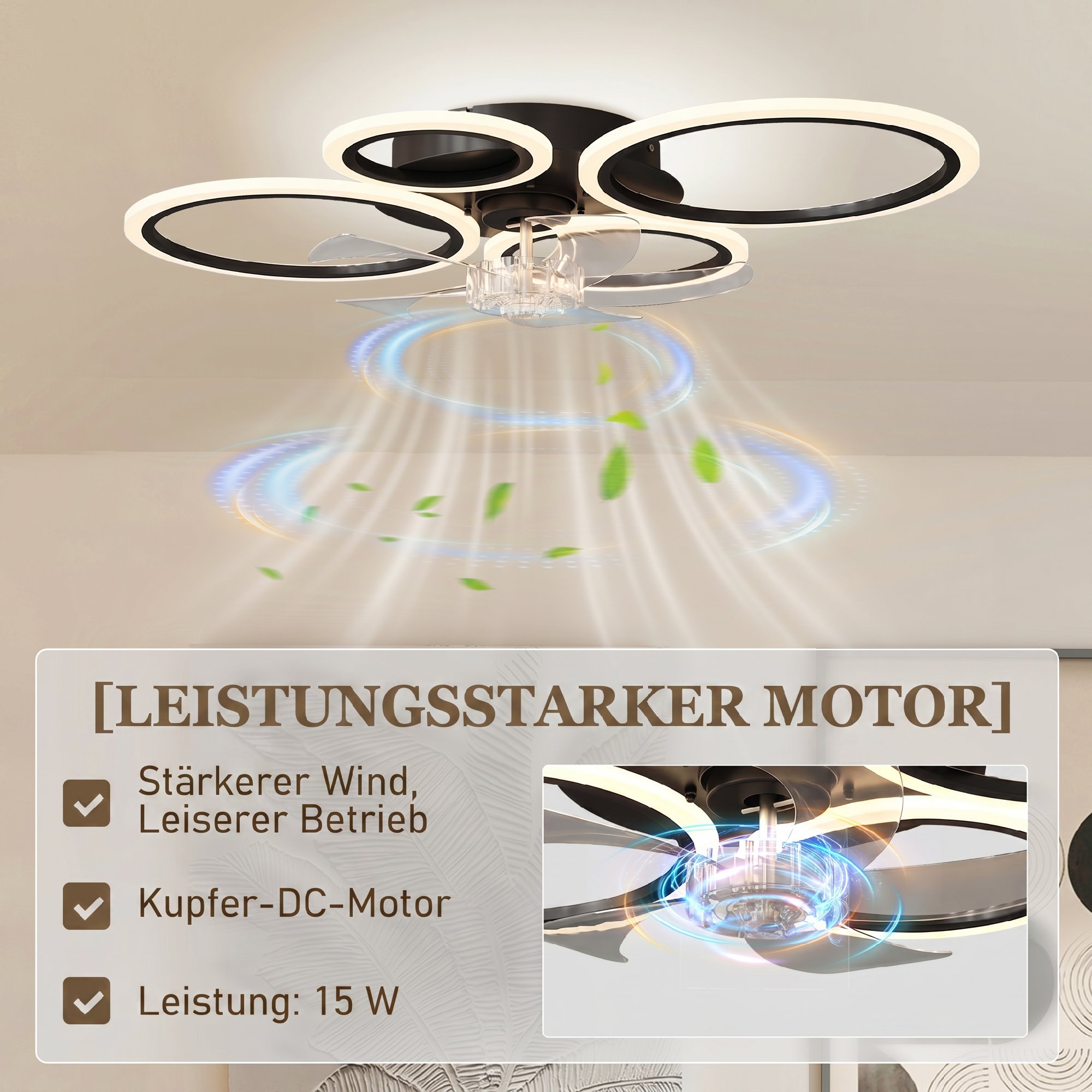 Deckenventilator mit Licht und Fernbedienung, 77 cm LED-Deckenventilator mit 3 Lichtfarben, 6 Geschwindigkeiten, Timer