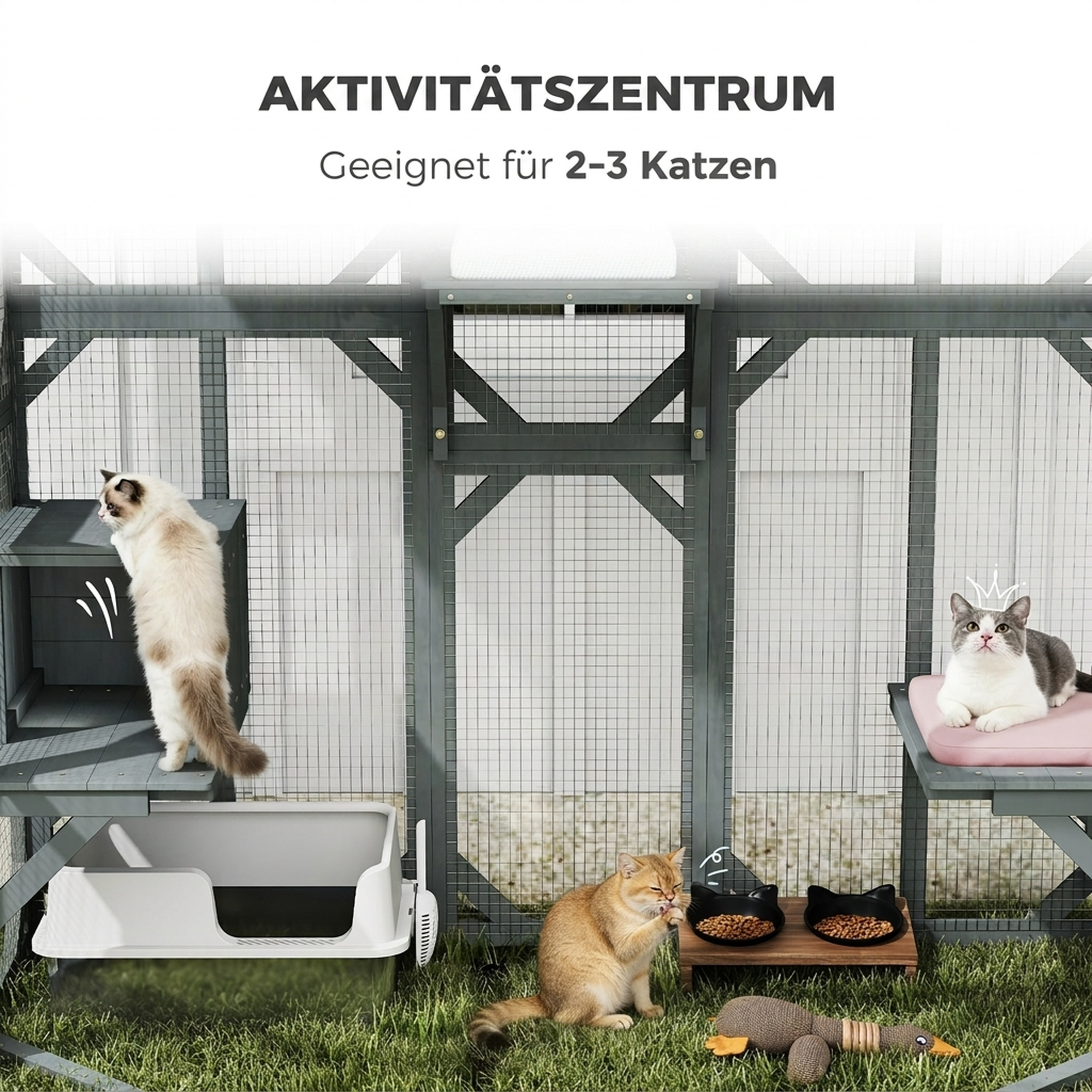 Katzengehege Outdoor begehbar Holz Katzenhaus mit 4 Plattformen wasserabweisend Oxford-Dach 2-3 Katze bis 8 kg