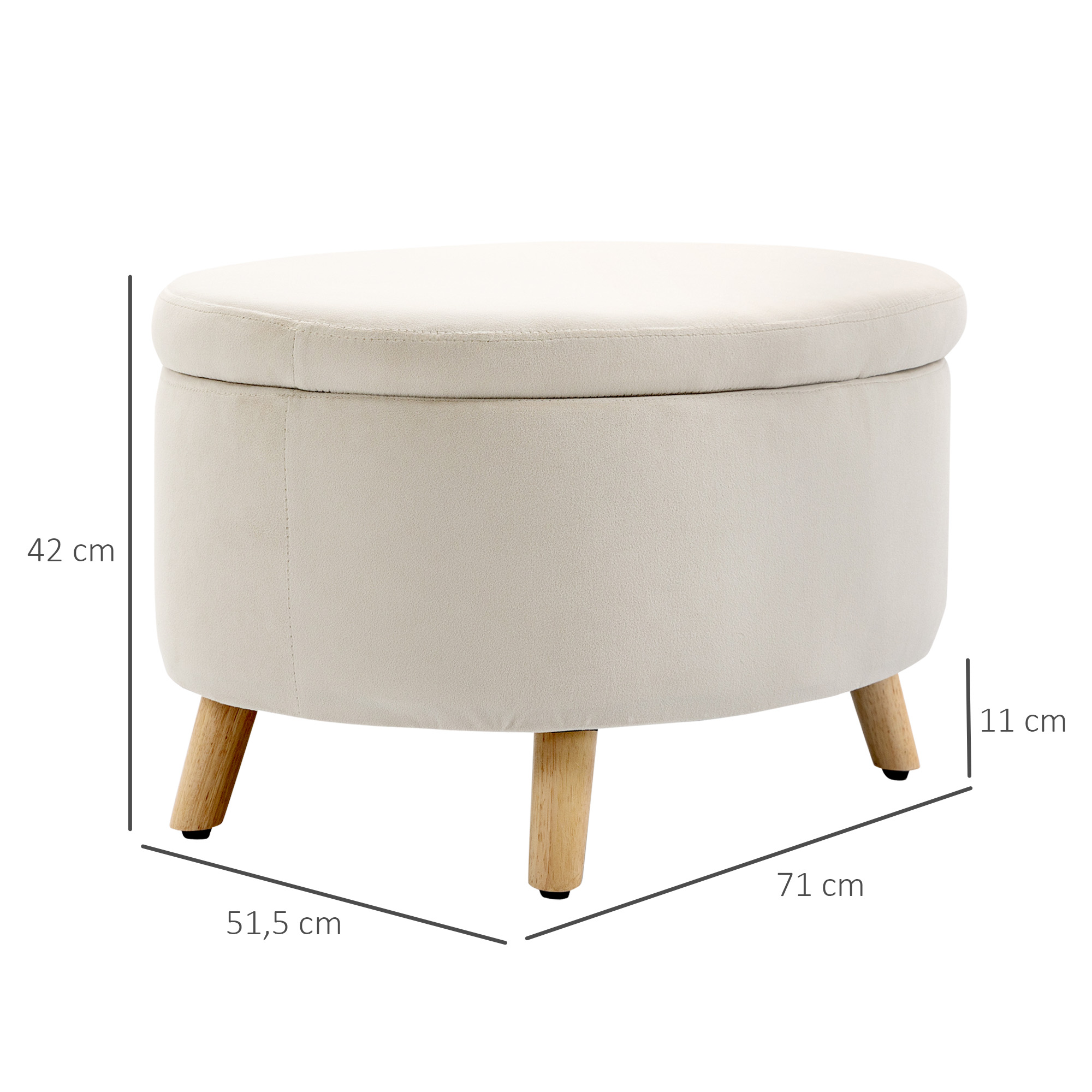 Sitzbank mit Stauraum, Hocker, ovale Form, Samtoptik, bis 120 kg, 71 x 51,5 x 42 cm, Beige