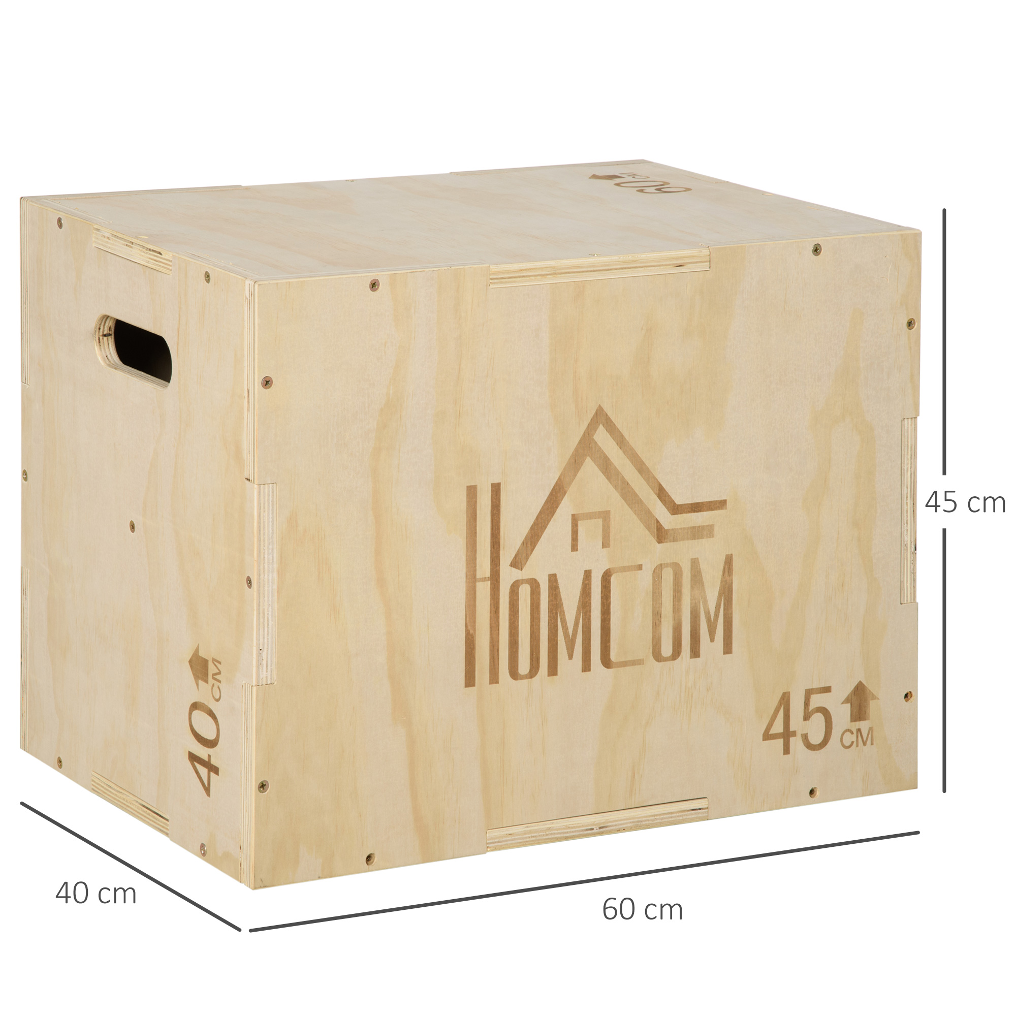 Plyo Box, Sprungbox aus Holz, Plyometric Plattform mit Griff für Zuhause, 45 x 40 x 60 cm, Naturholz