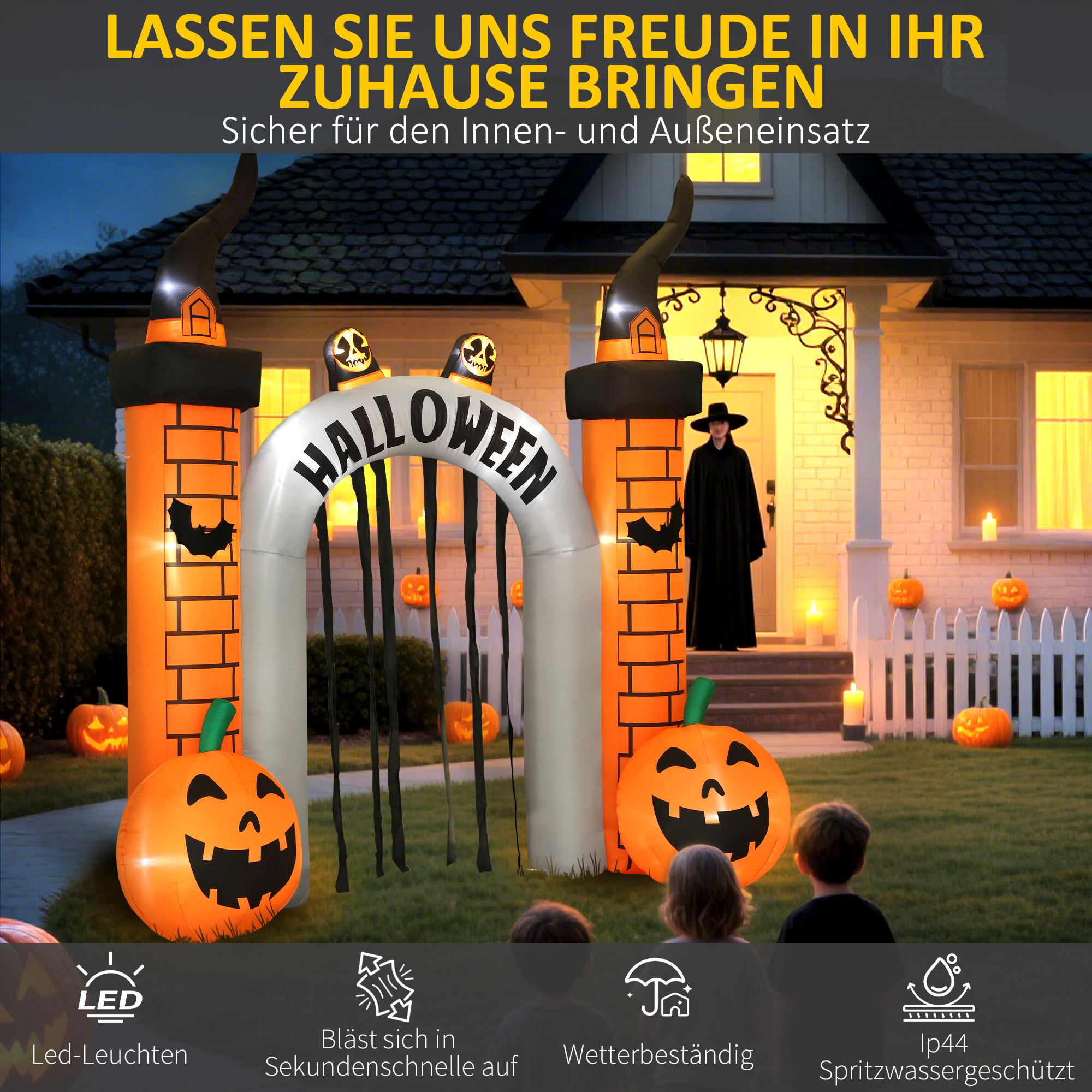 Aufblasbarer Halloween-Torbogen, Kürbis-Design, LEDs, Heringe, Polyester