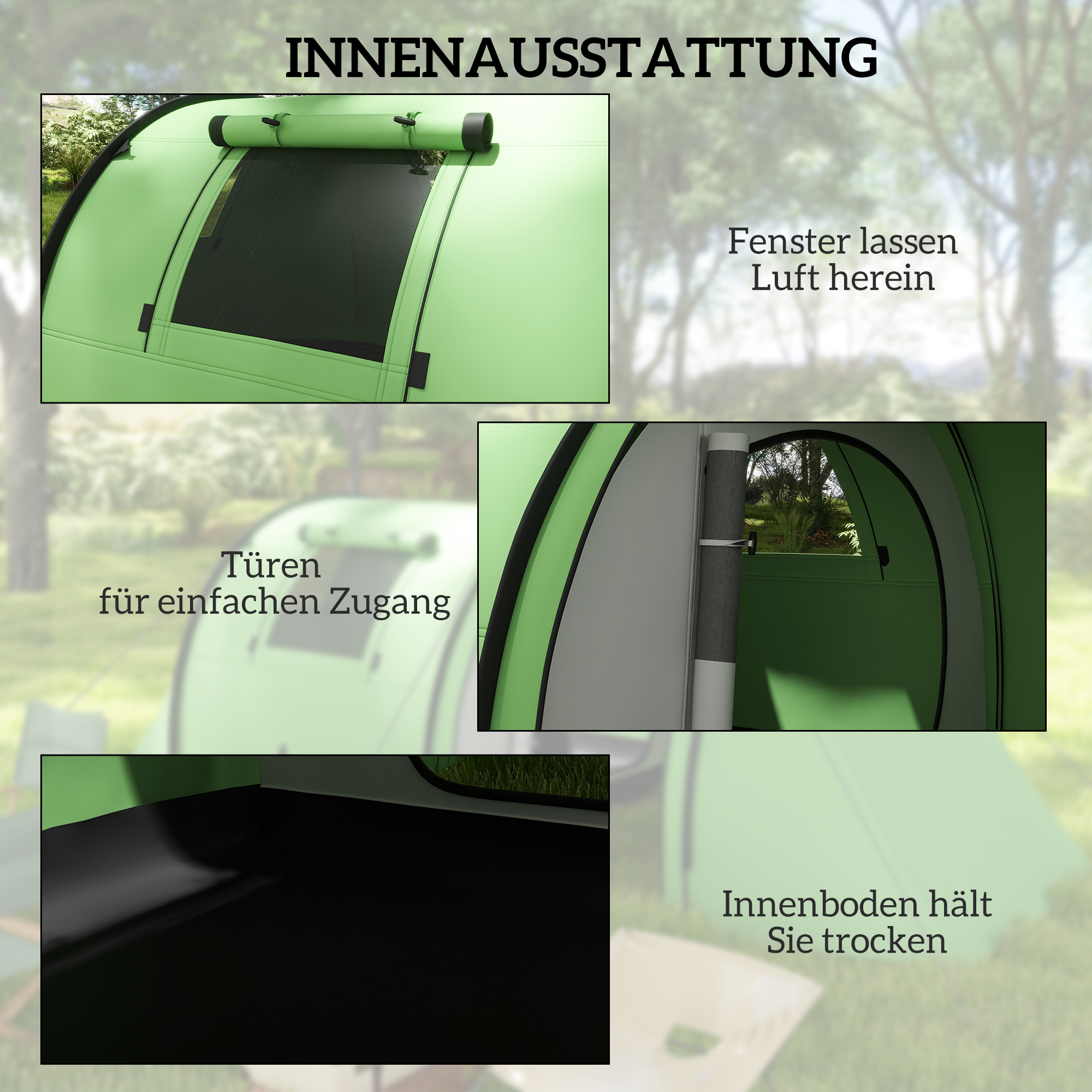 Campingzelt für 3-4 Personen stabil wasserdicht Familienzelt mit Schlafzimmer Wohnzimmer 3000mm Wassersäule Dunkelgrün