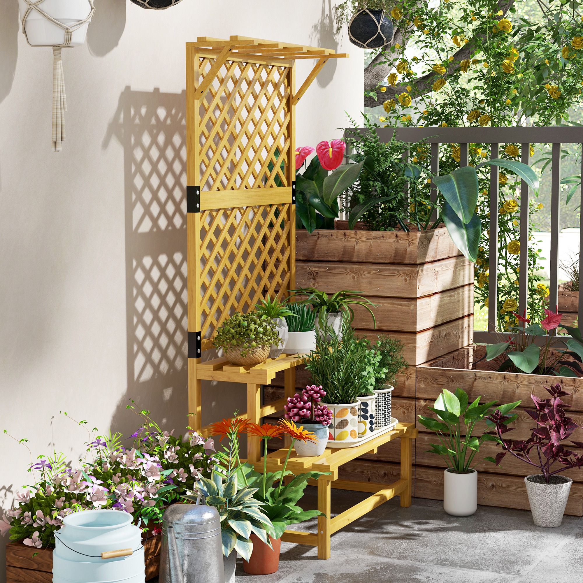 Pflanzenständer, Blumenregal, 2 Etagen, mit Spalier & Dach, Tannenholz, 75x50x166cm, Gelb