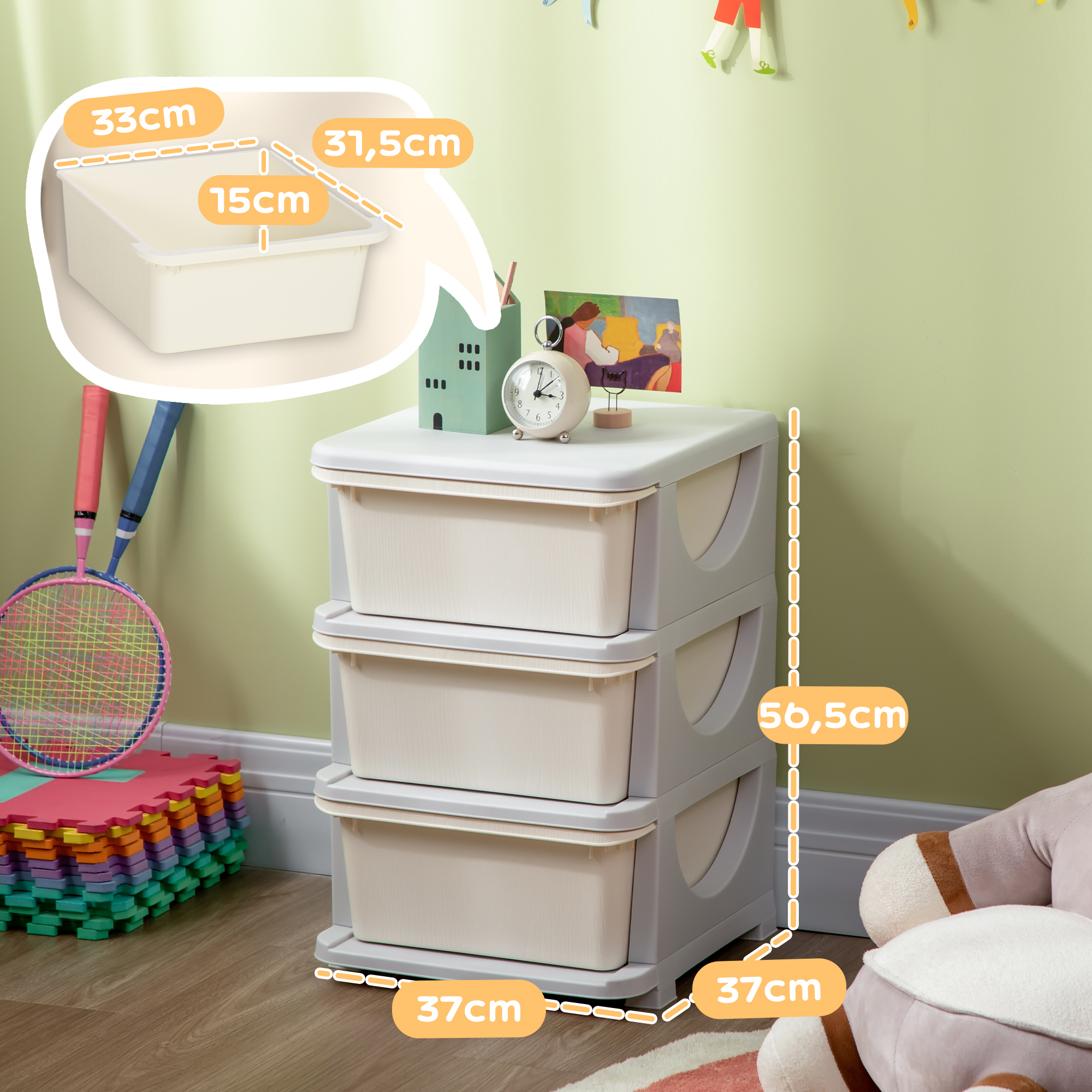 Aufbewahrungsboxen für Kinder, 3 große Schubladen, runde Kanten, Kunststoff, 37x37x56,5 cm, Cremeweiß