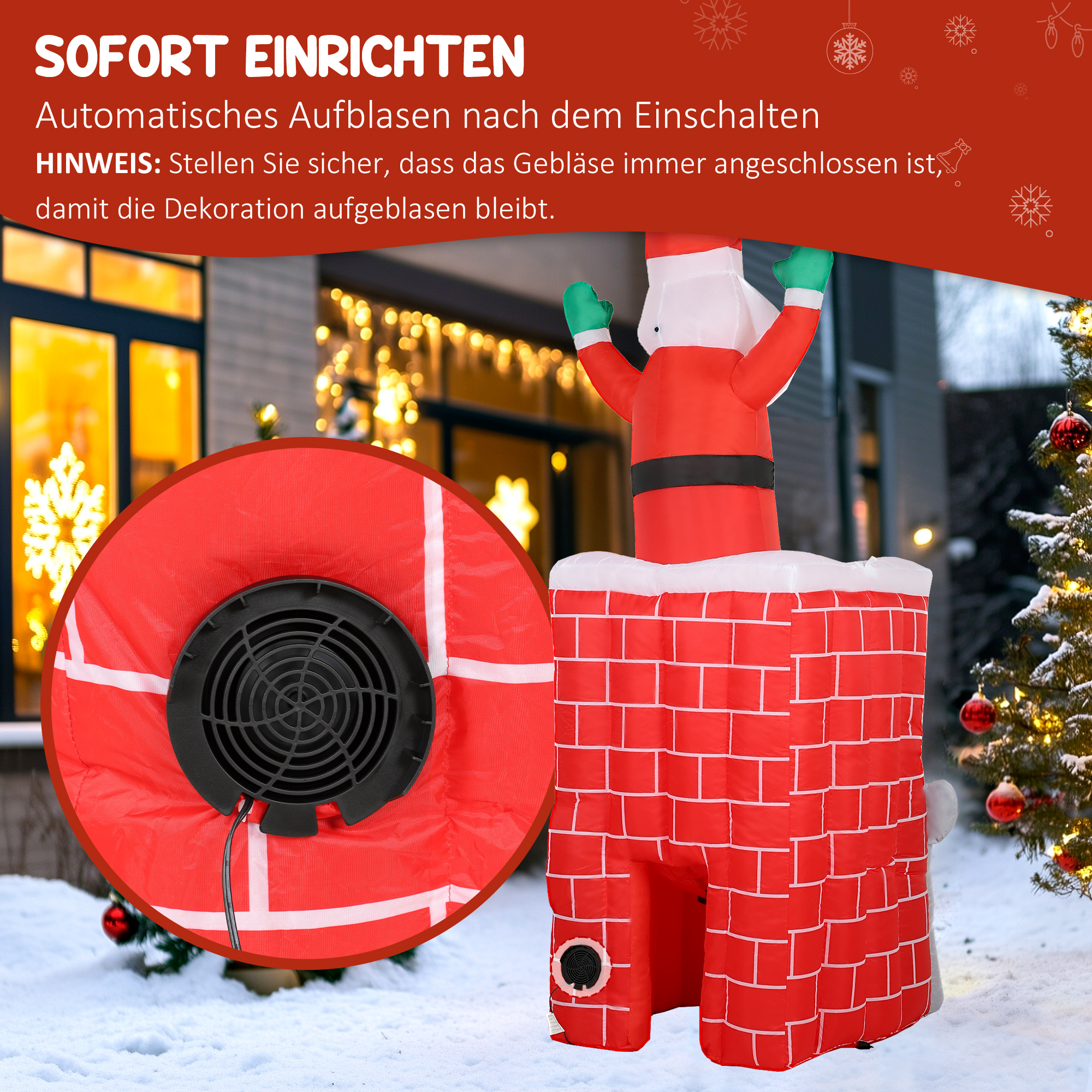 Aufblasbare Weihnachtsdekoration, Weihnachtsmann in Schornstein, LEDs, Gebläse