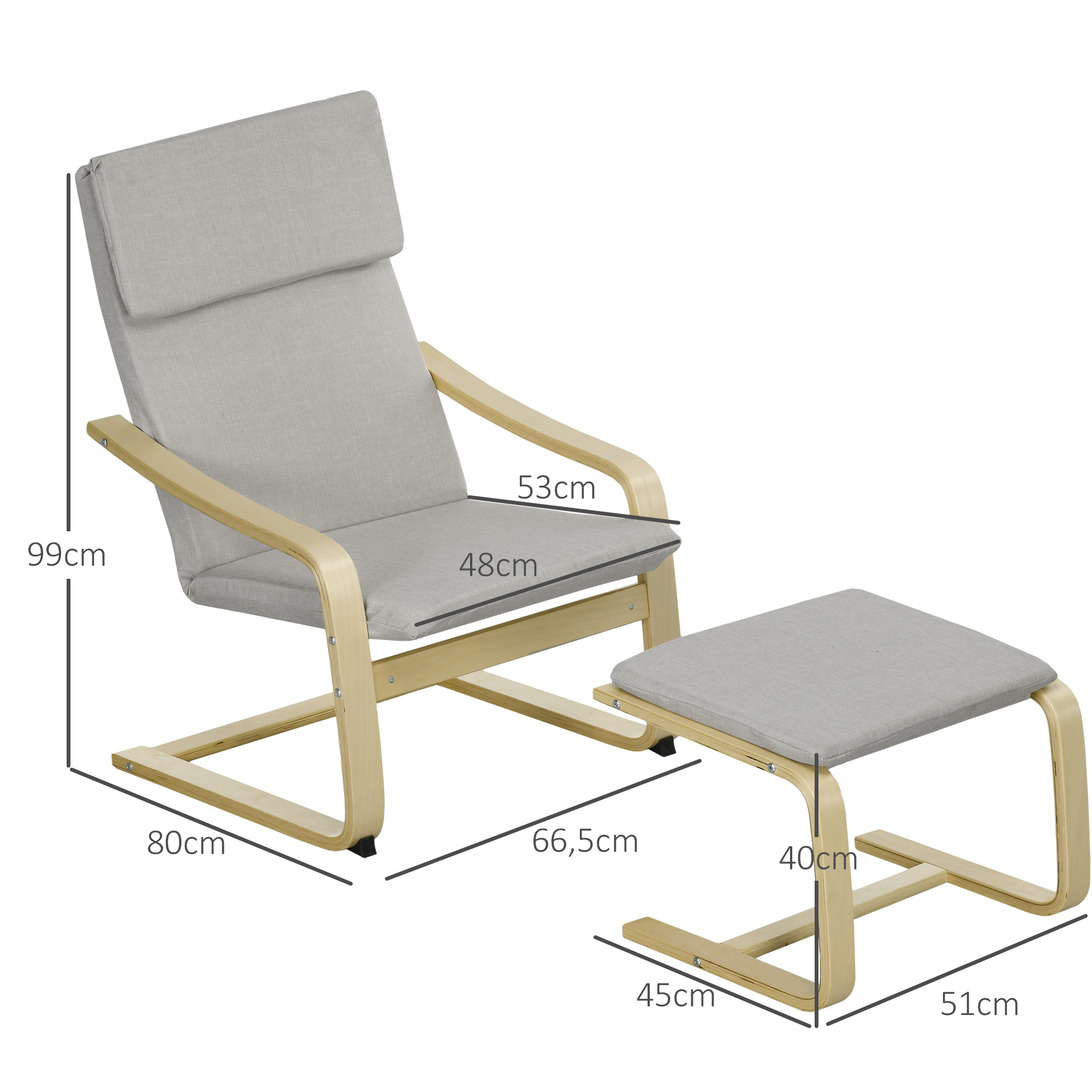Loungesessel mit Hocker, Bezug in Leinenoptik, Holzrahmen, bis 120 kg, Hellgrau/Natur