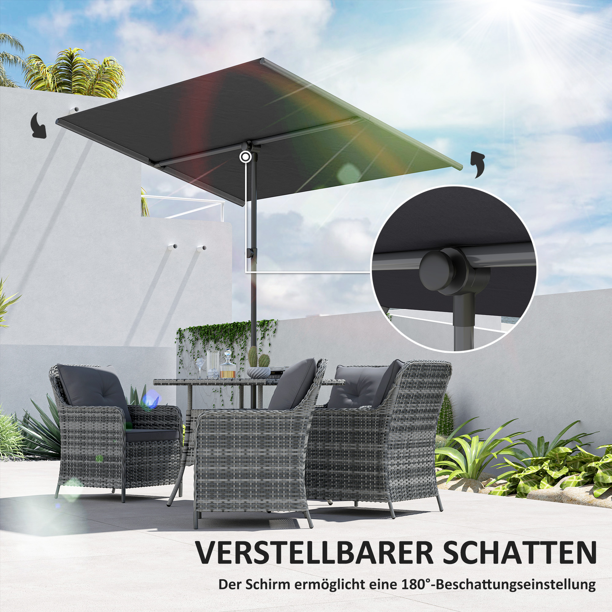 Sonnenschirm 180 Grad drehbar Höhenverstellbar Gartenschirm mit Aluminium-Mast 150x205cm Dunkelgrau