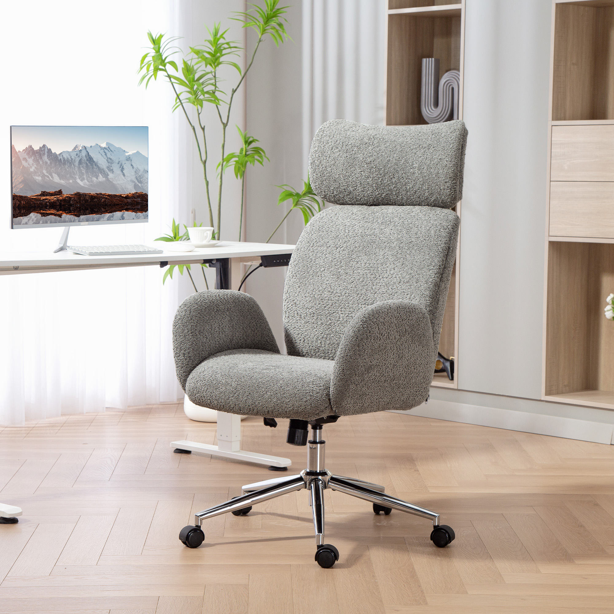 Bürostuhl mit verstellbarer Kopfstütze, ergonomischer Schreibtischstuhl, Kippfunktion, höhenverstellbar, Dunkelgrau