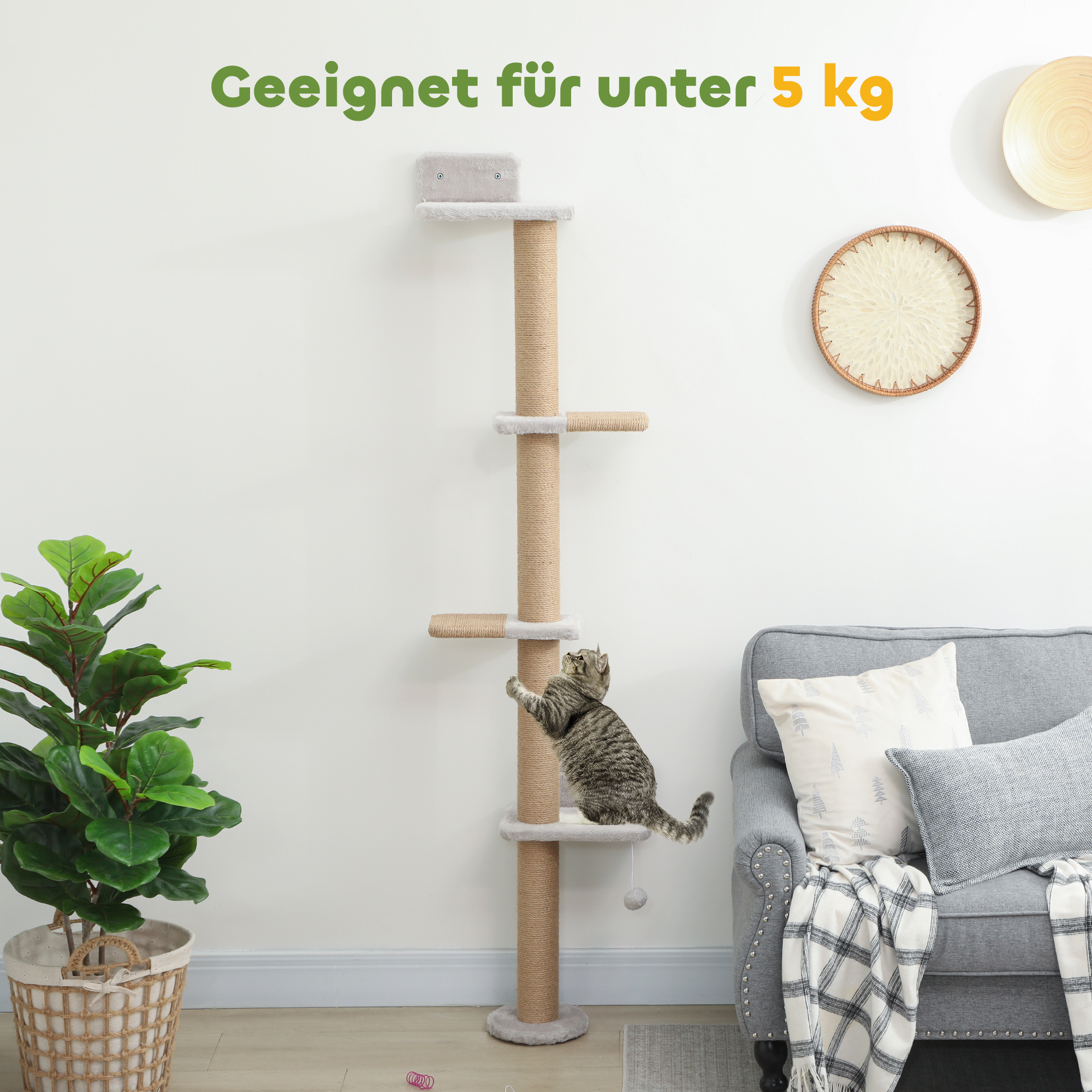 Katzenkratzbaum, 5-stufiges Design, Spielzeug, Sisalpfosten, Plüschstoff, Hellgrau