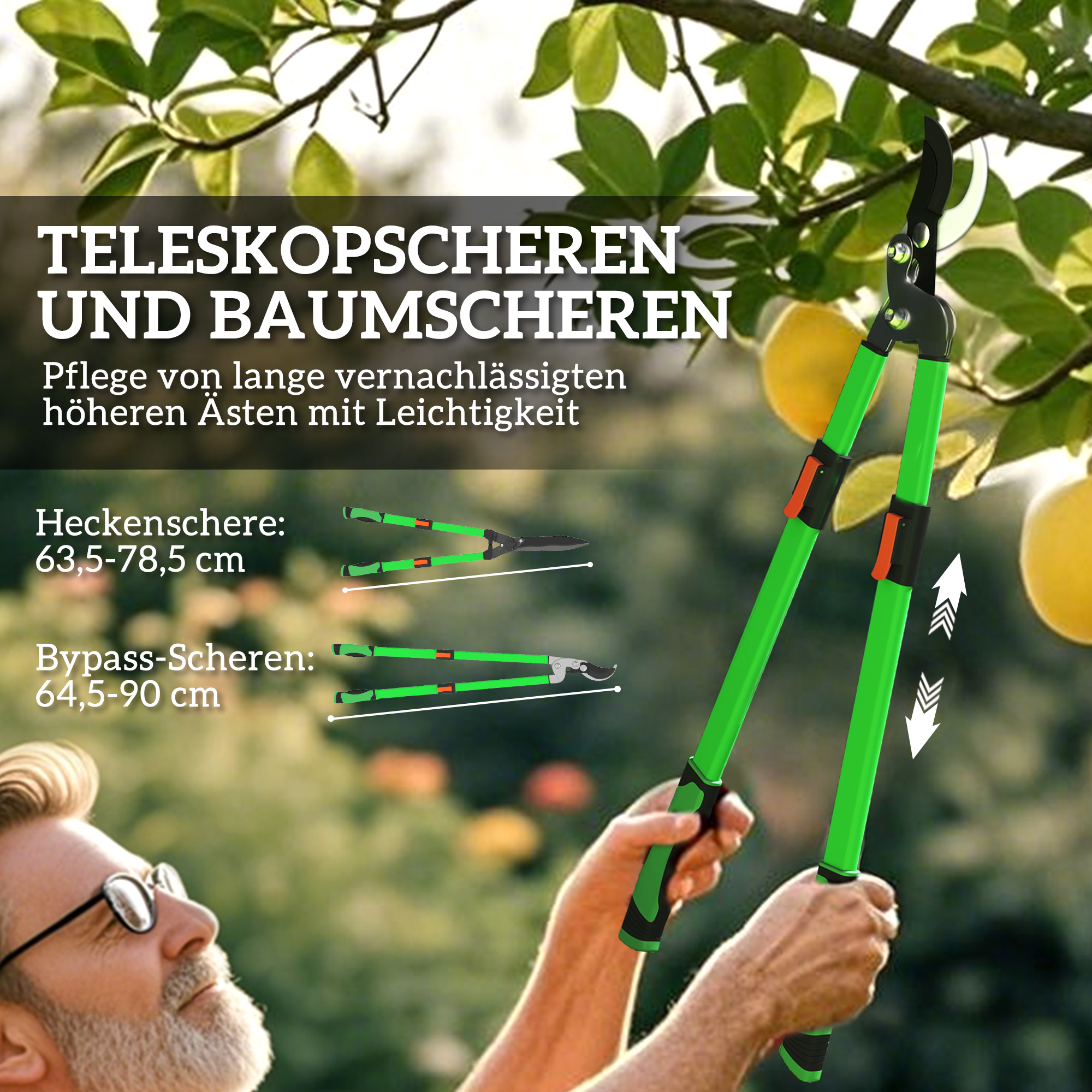 Heckenschere Set 2-teilig Gartenschere Messerlänge 90 cm Astschere mit Metallklingen, ausziehbarer Griff