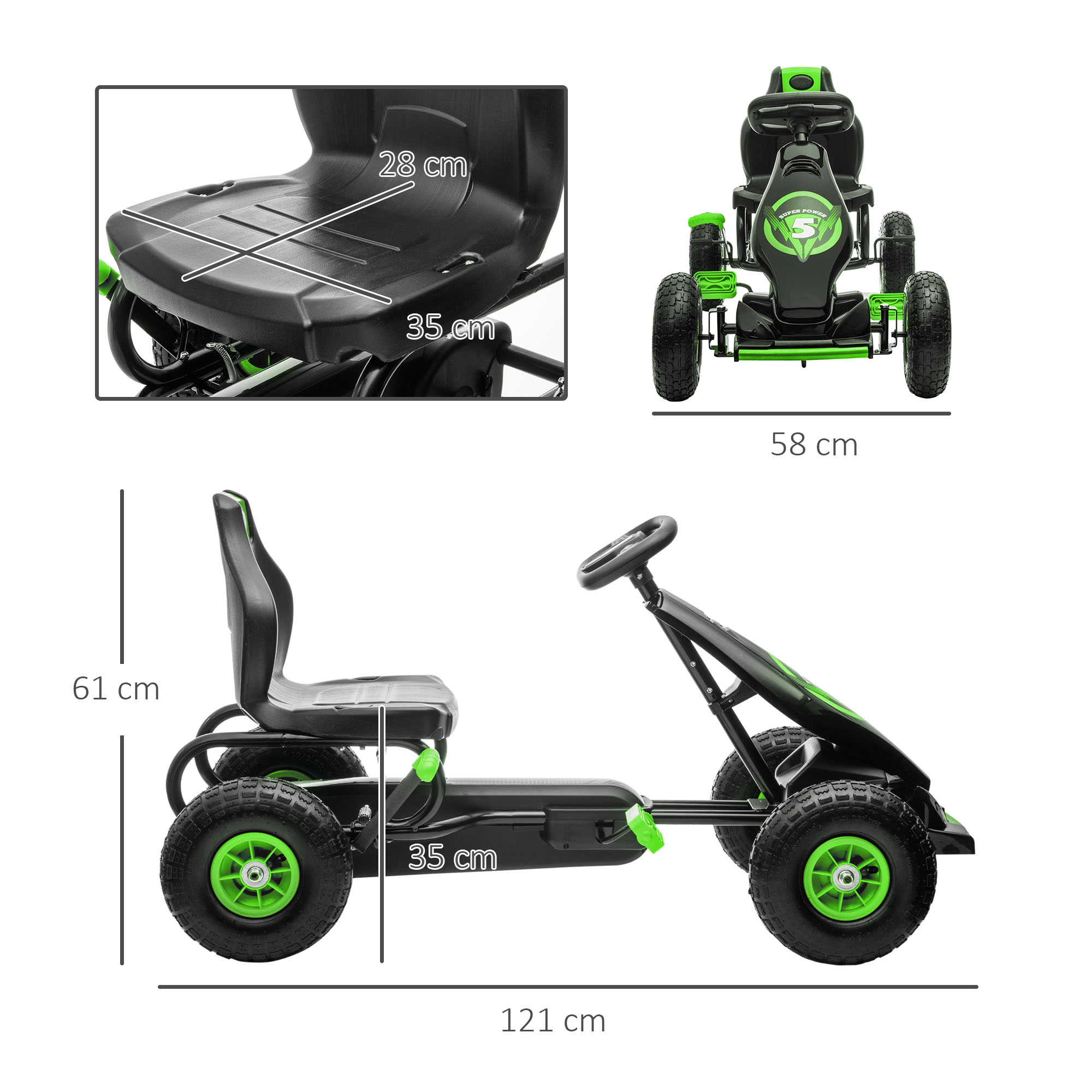 Kinder-Gokart, mit Pedalen, verstellbarem Sitz, In- und Outdoor, ab 5 Jahren, Grün+Schwarz, 121 x 58 x 61 cm