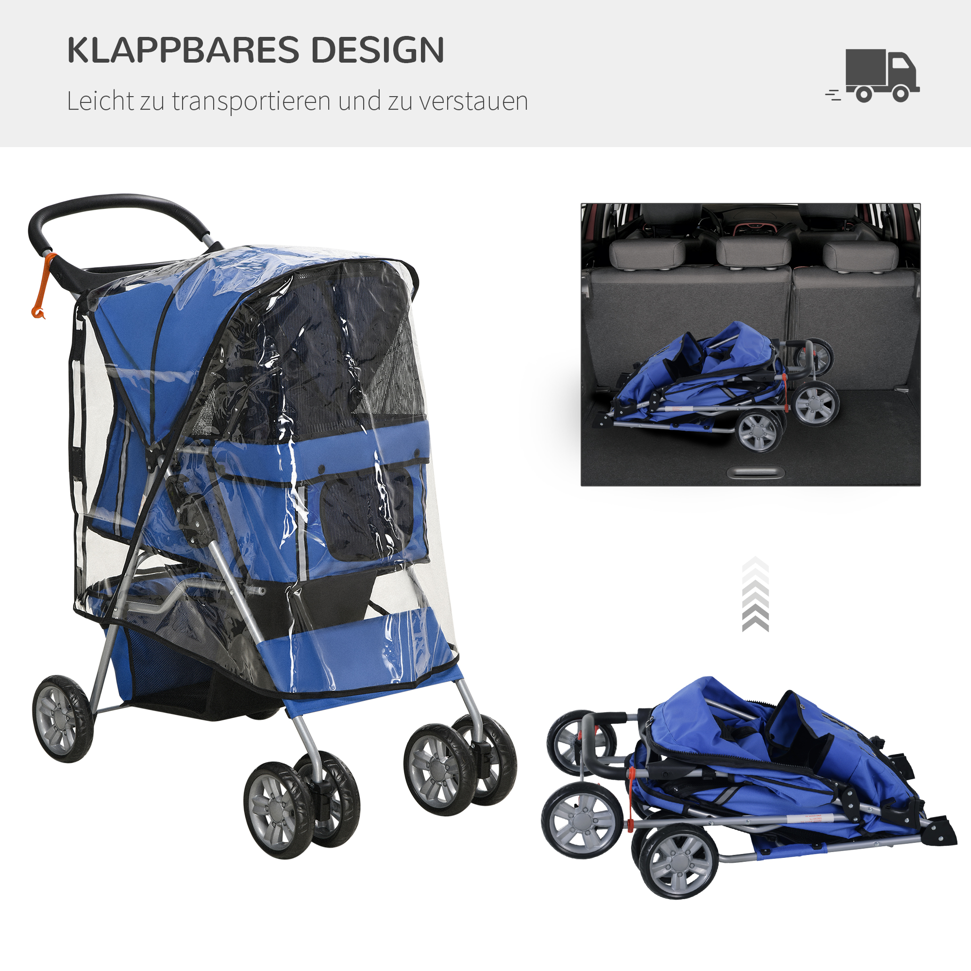 Hundebuggy Hundewagen bis 10 kg Klappbar Regenschutz Bodenkorb 2 Becherhalter 75 cm x 45 cm x 97 cm, Blau