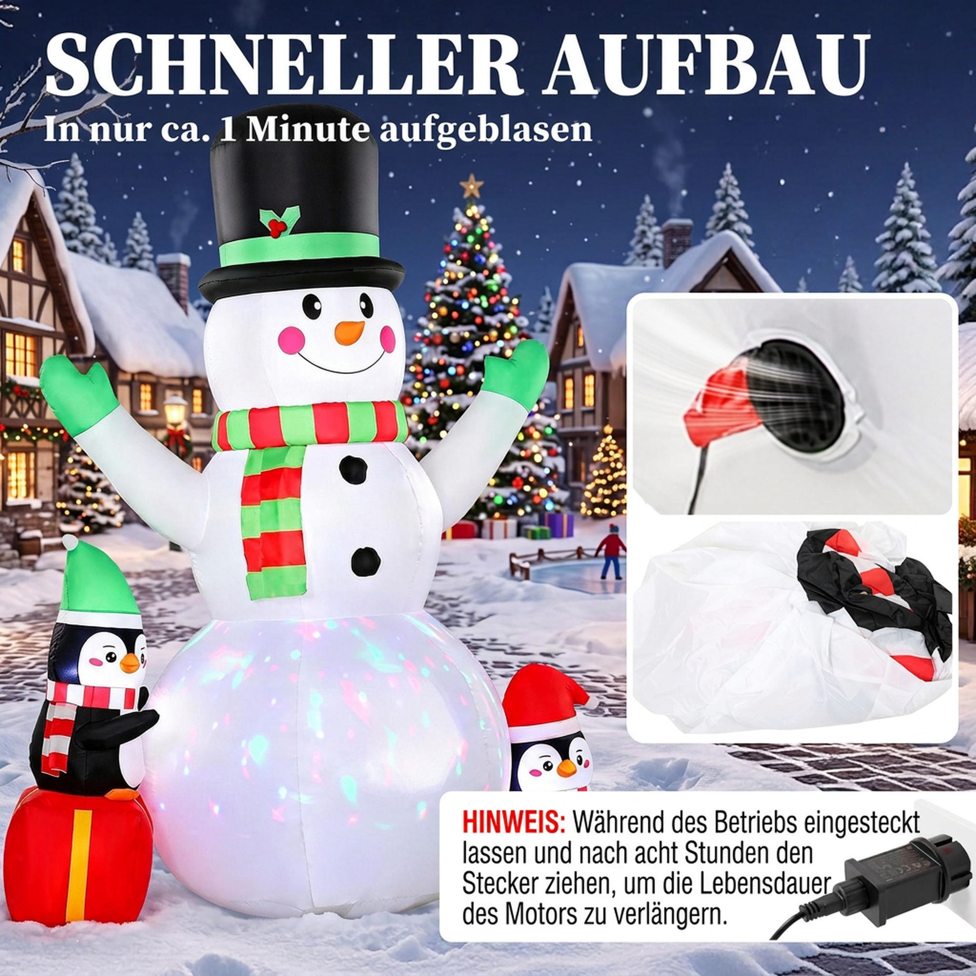 Aufblasbarer Weihnachts-Schneemann, 243 cm, mit buntem LED-Licht, für draußen