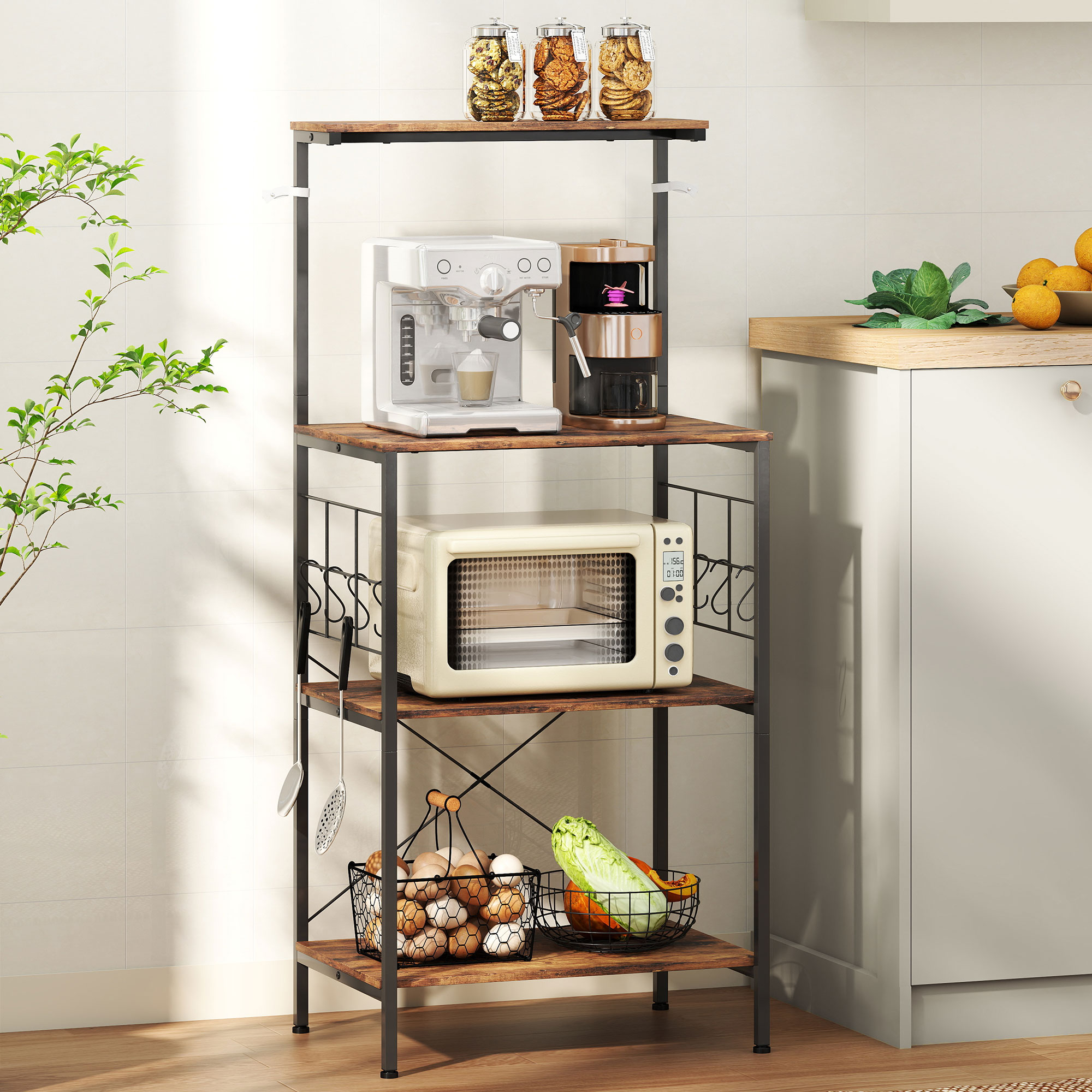 Küchenregal, 4-stufiges Design, Arbeitsplatte, 8 Haken, Metallrohre, Braun+Schwarz