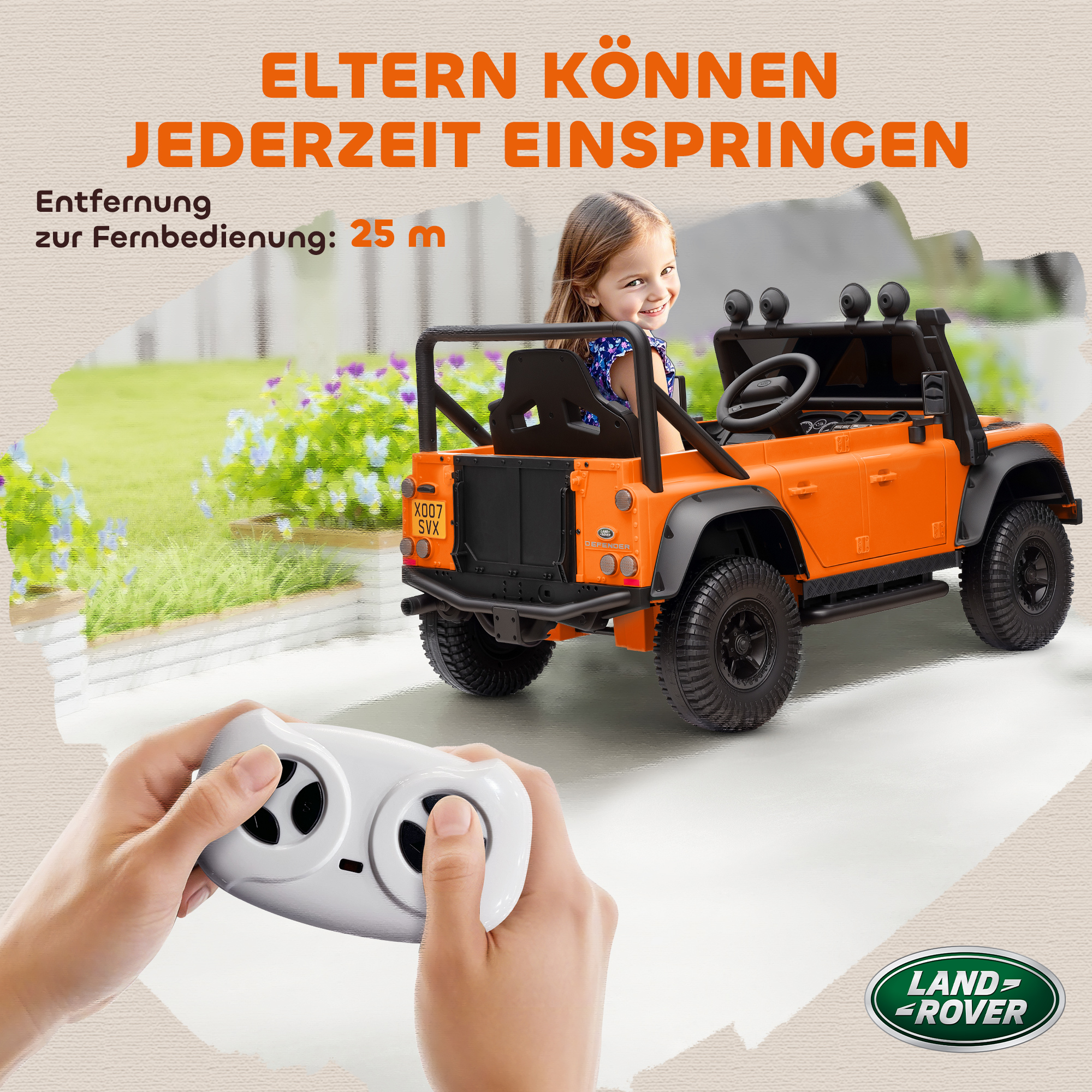 Kinder-Elektroauto, 12V Batterie-Betrieb, Fernbedienung, Musik-Funktion, Hupe, LED-Lichter, Orange