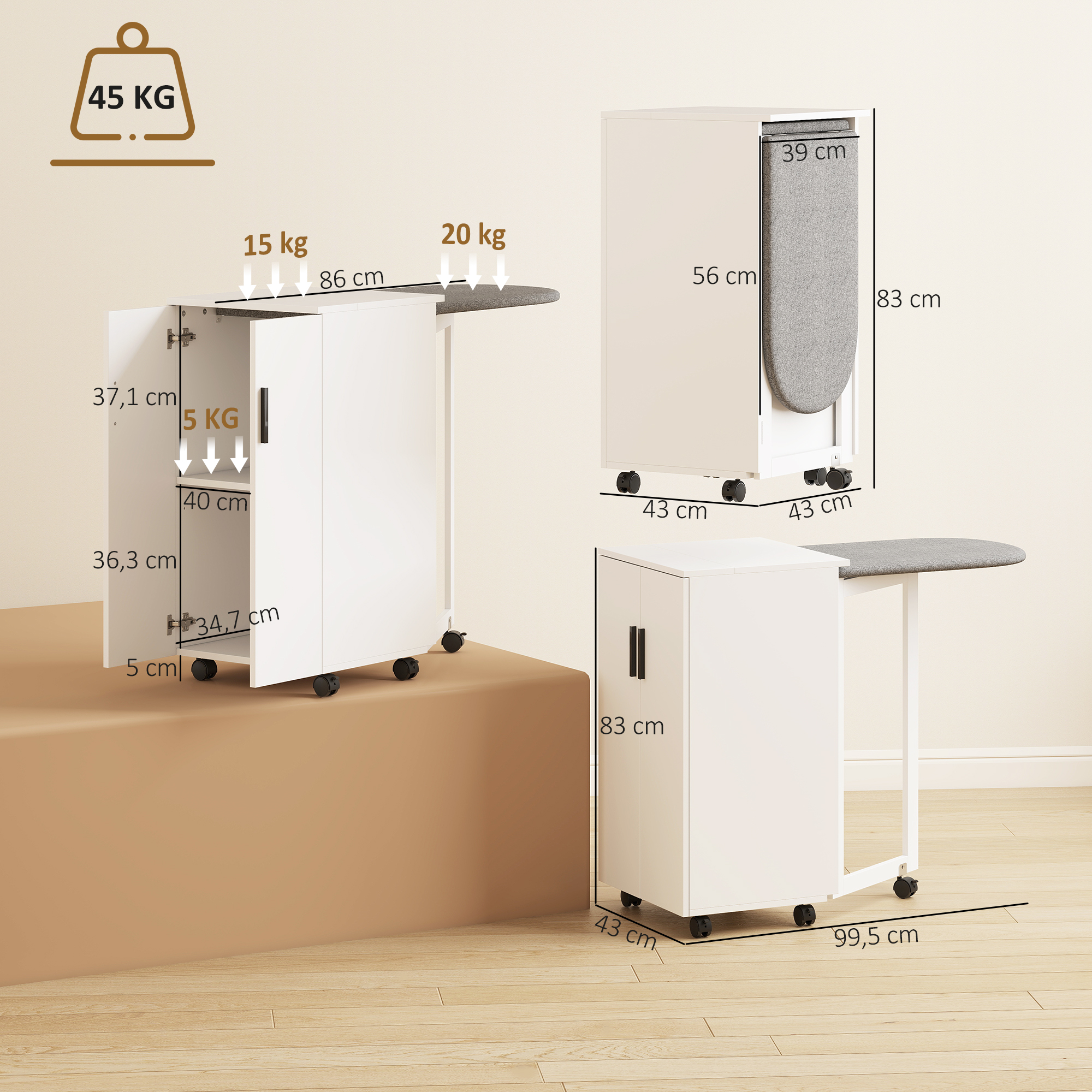 2-in-1 faltbarer Bügelbrettschrank auf Rollen mit Bügelbrett und verstellbarem Regal für kleine Räume, Weiß