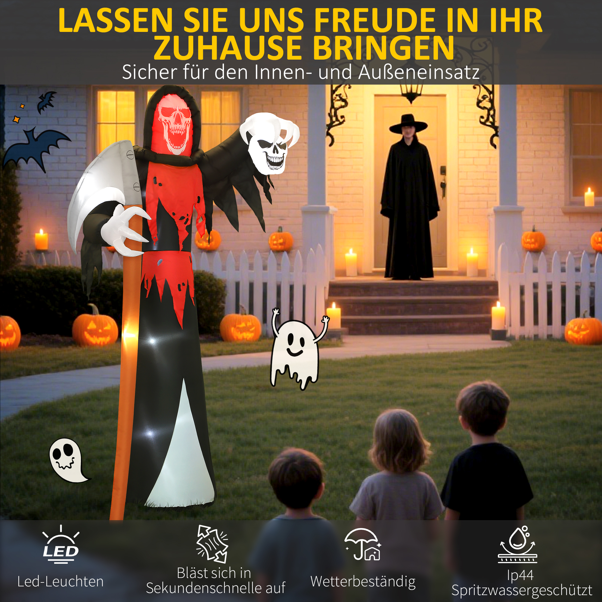 Halloween-Dekoration 3,7 m riesiger Sensenmann mit LED-Beleuchtung Leuchtende Luftfigur für Outdoor