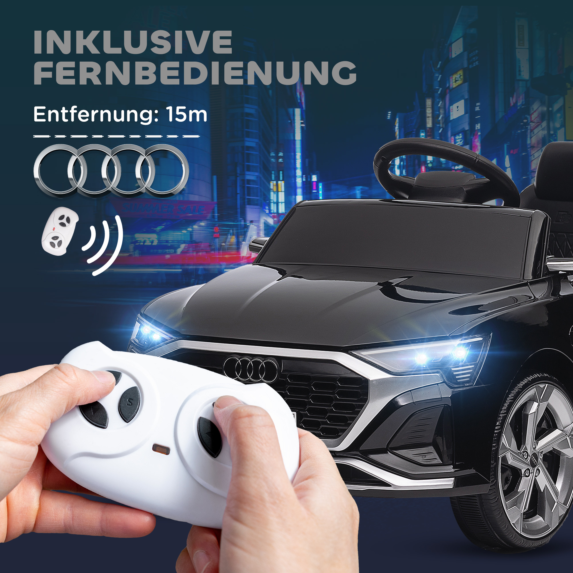 Elektro-Kinderauto, 12V Audi Q8, 3-5 km/h, Fernsteuerung, Scheinwerfer, Musik, Schwarz