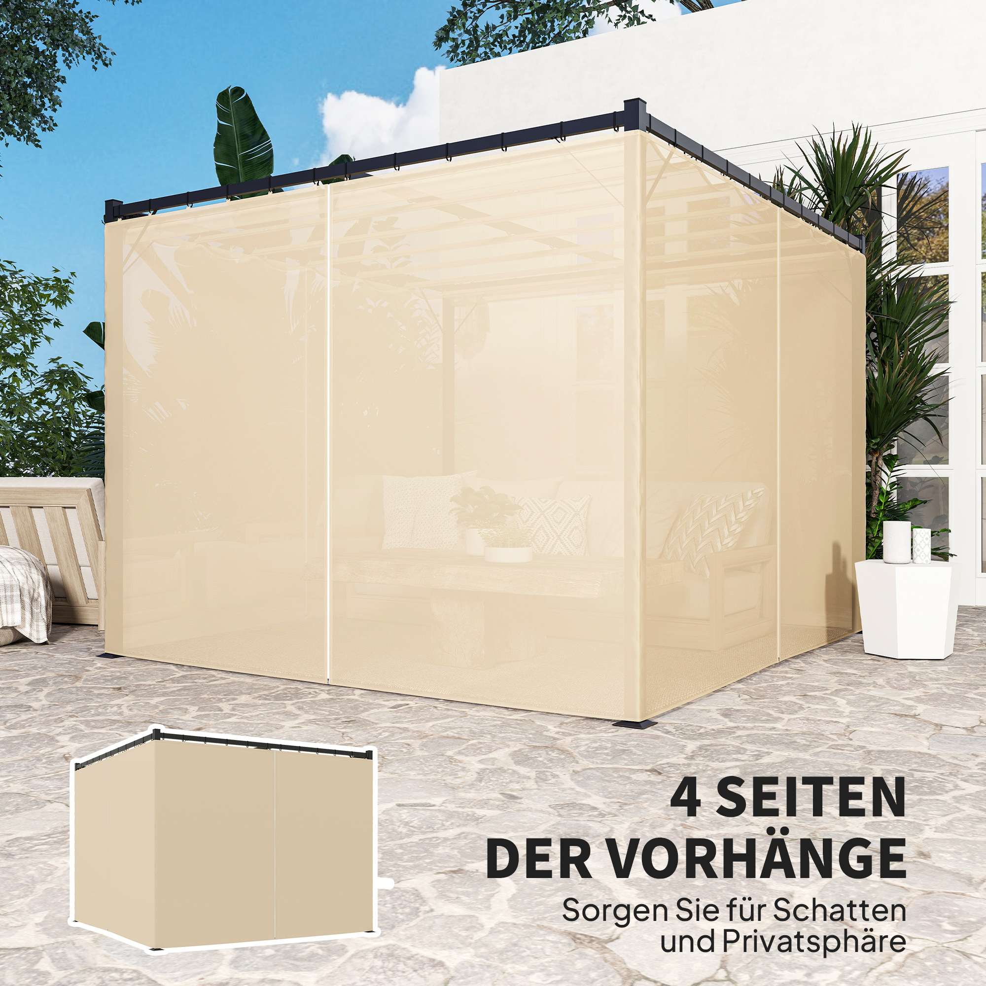 Pergola 3 x 3 m Freistehend Terrassenüberdachung mit Schiebedach, 4 Seitenwände UV-beständig Beige