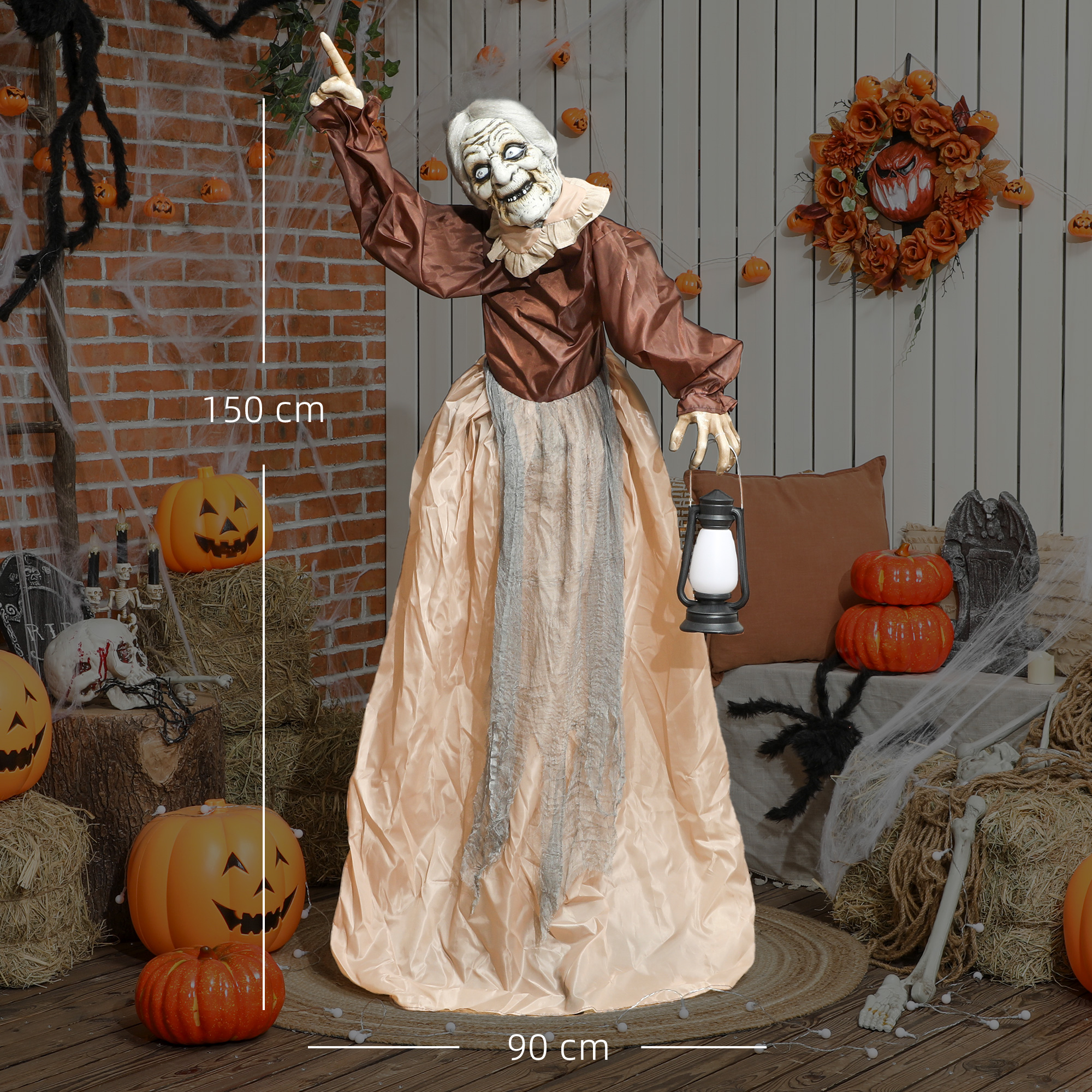 150 cm Halloween Dekoration Halloween Hexe mit LED-Lichter, Soundfunktion verstellbare Arme, Kopf