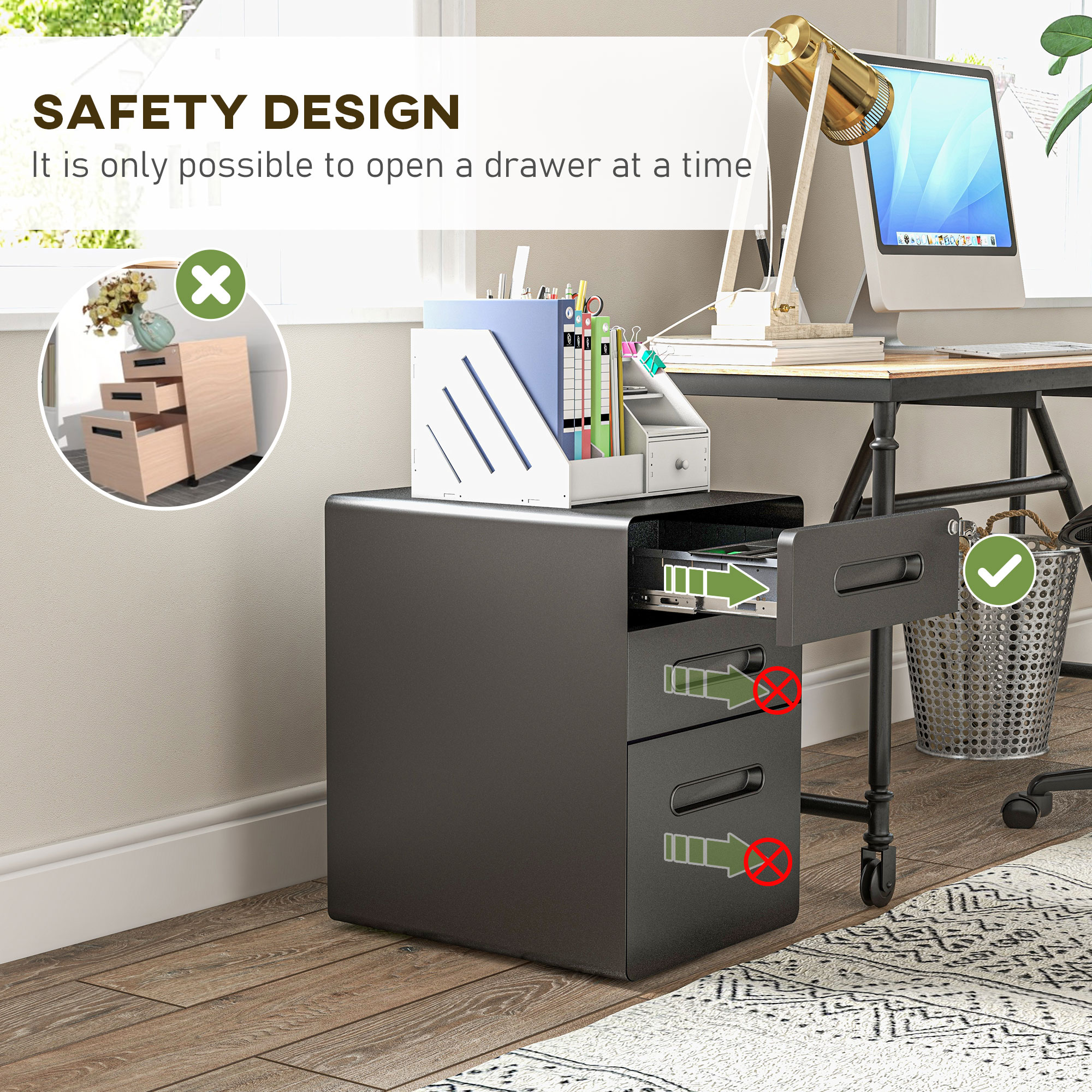 Rollcontainer mit 3 Schubladen mobiler Aktenschrank mit Rollen abschließbar Büroschrank mit Hängeregistratur Stiftfach, Bürocontainer Schreibtisch Unterschrank für Büro 39x48x59cm Schwarz