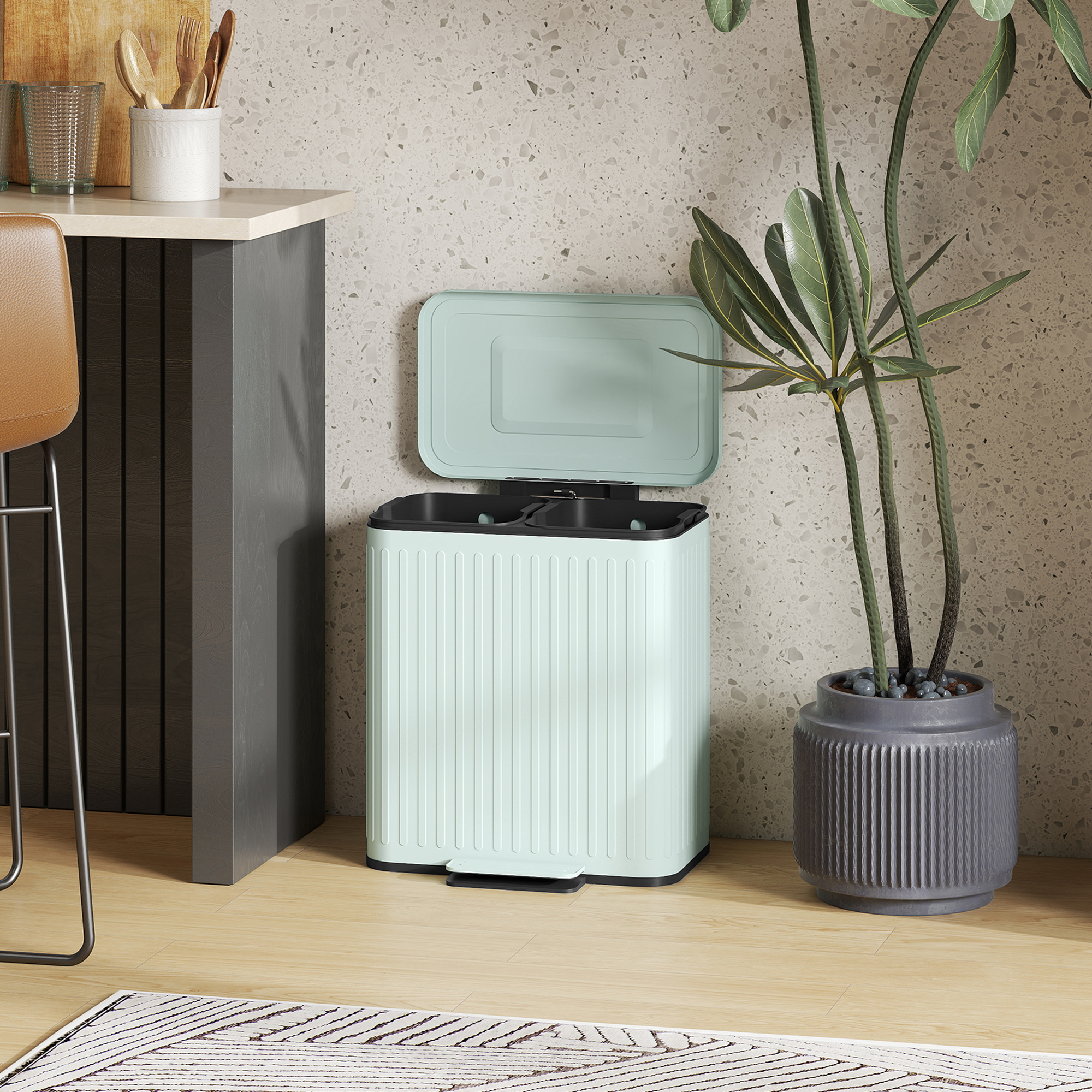 Küchenmülleimer, 2x 20l-Fächer, effiziente Mülltrennung, Fußpedal, Kunststoff, Metall, Grün