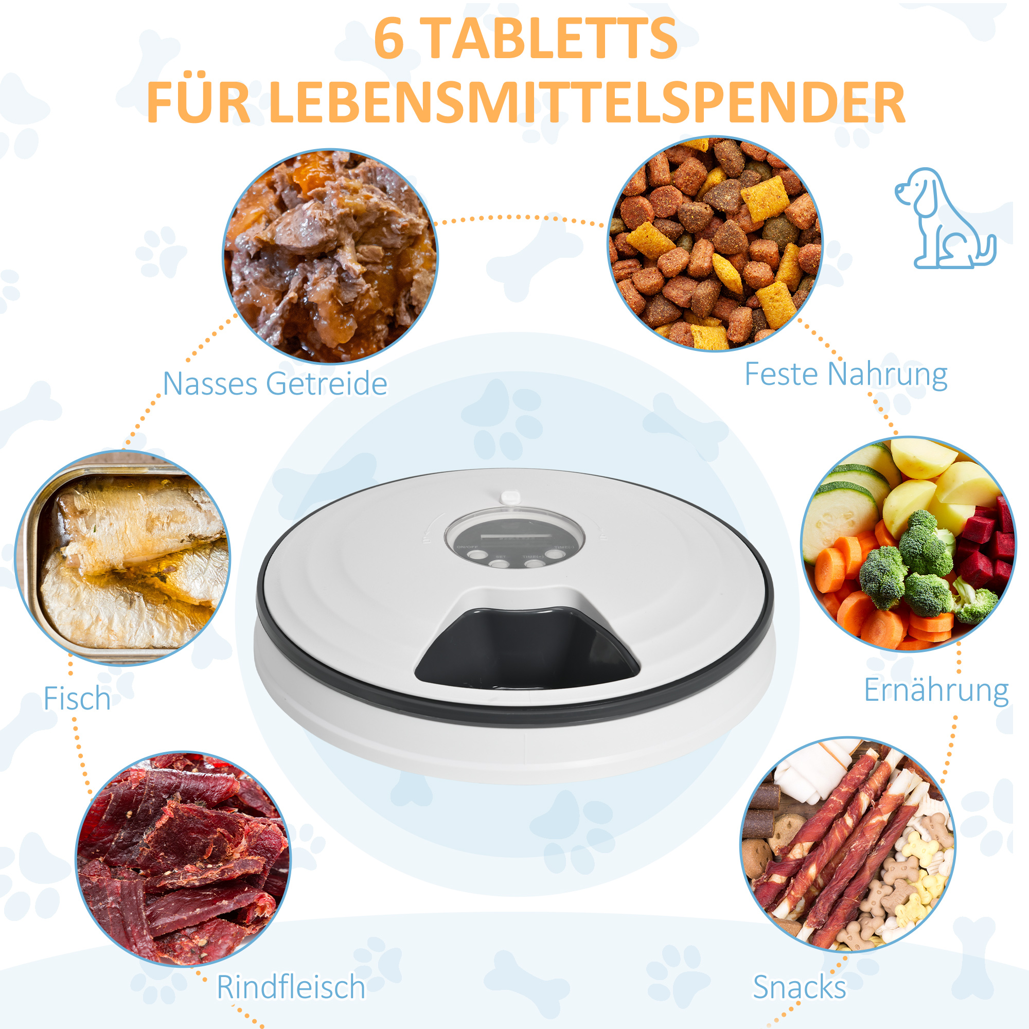 Futterautomat Katze Nassfutter Katzenfutter mit LED-Display, Programmierbarem Timer, 6 Futter-Fächer für je 70 g Trockenfutter 4 Mahlzeiten Automatischer Futterspender für Hunde Katzen