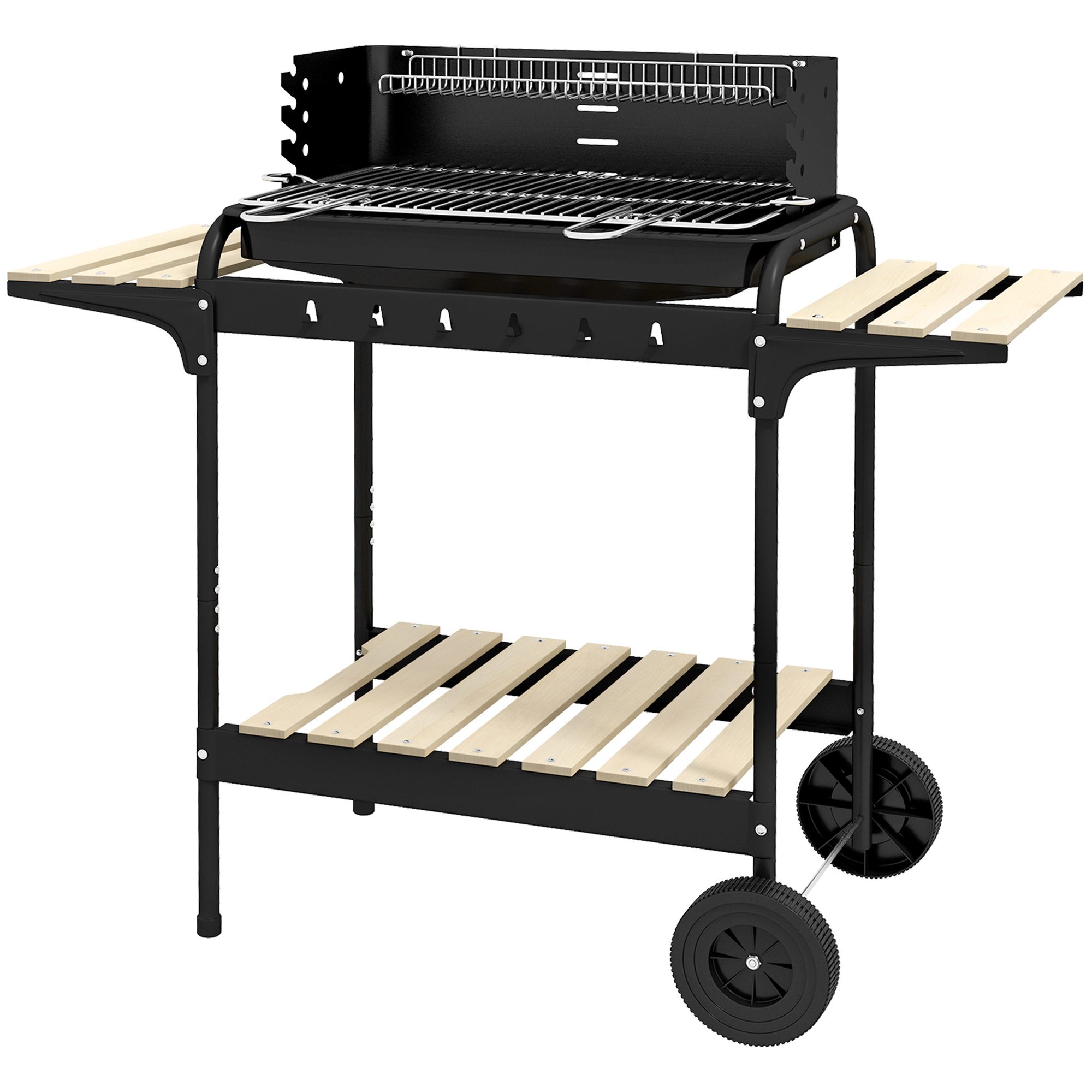 Holzkohlegrill aus Metall BBQ Smoker mit Räder, höheverstellbar Grillrost, Holzablage 103x47x95 cm Schwarz