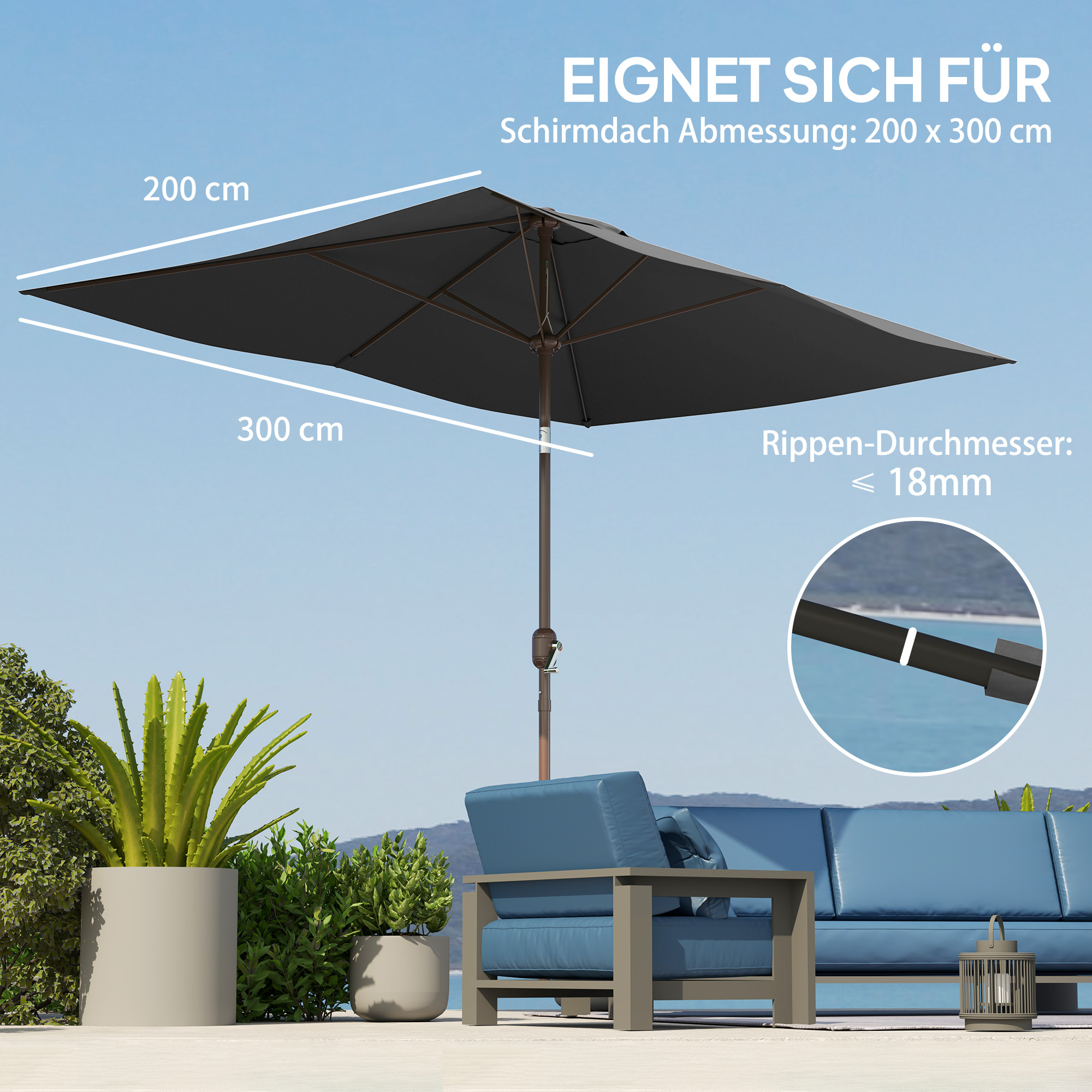Sonnenschirm Ersatzbezug 2 x 3 m 6 Streben UV50+ & Wasserdicht Terrassenschirm Bespannung