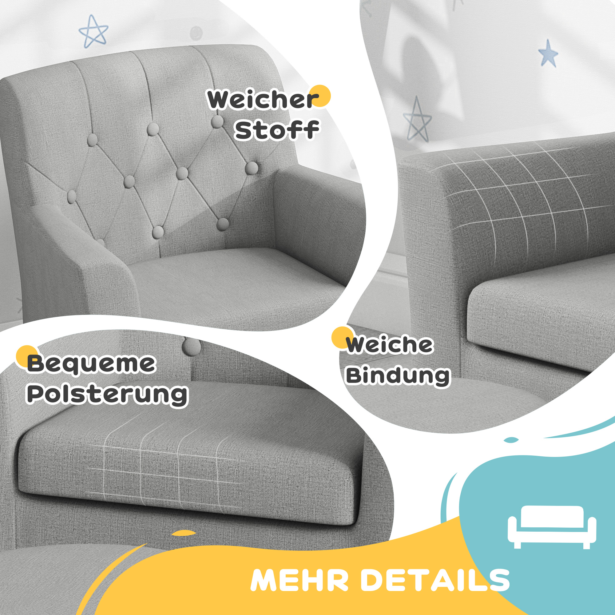 Kindersessel mit Hocker, Rückenlehne Diamantmuster, weiche Sitzfläche, Holzrahmen, Grau