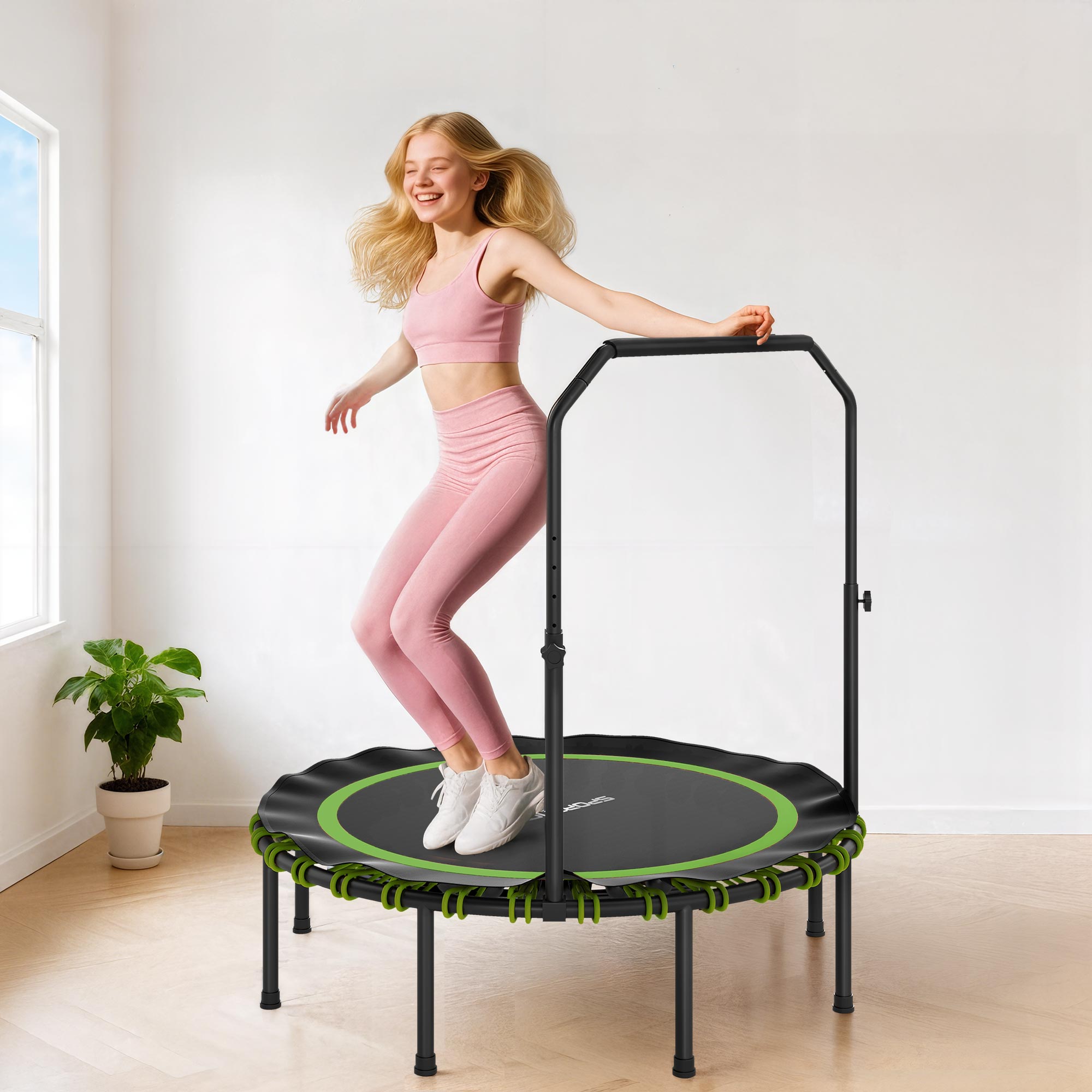 Fitness-Trampolin mit verstellbarem Handlauf, Sport-Trampolin für drinnen und draußen, Stahl, Kunststoff, Grün