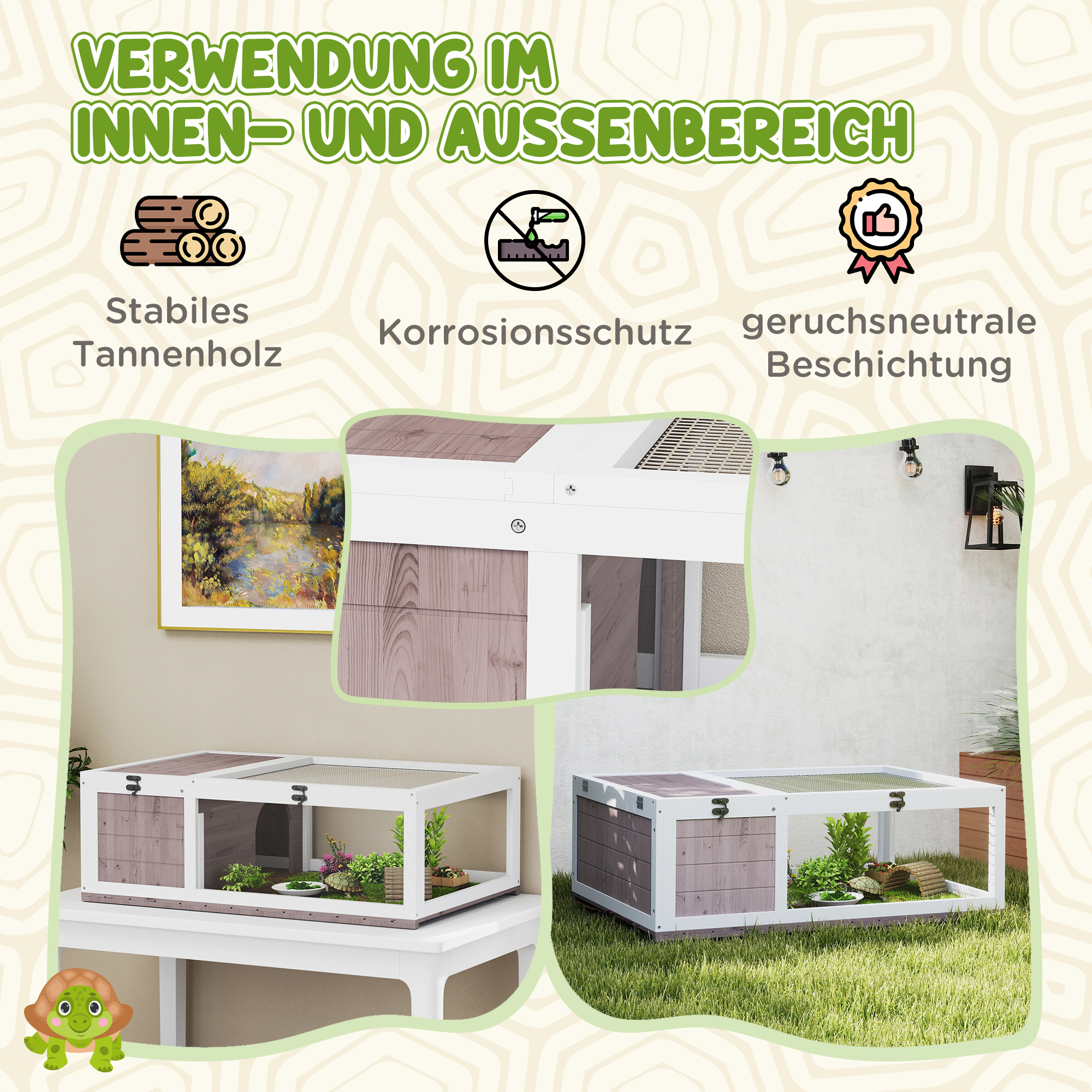 Schildkrötenhaus aus Holz Schildkrötengehege mit Haupthäusern aufklappbarem Oberseite 91x60,5x32 cm, Braun